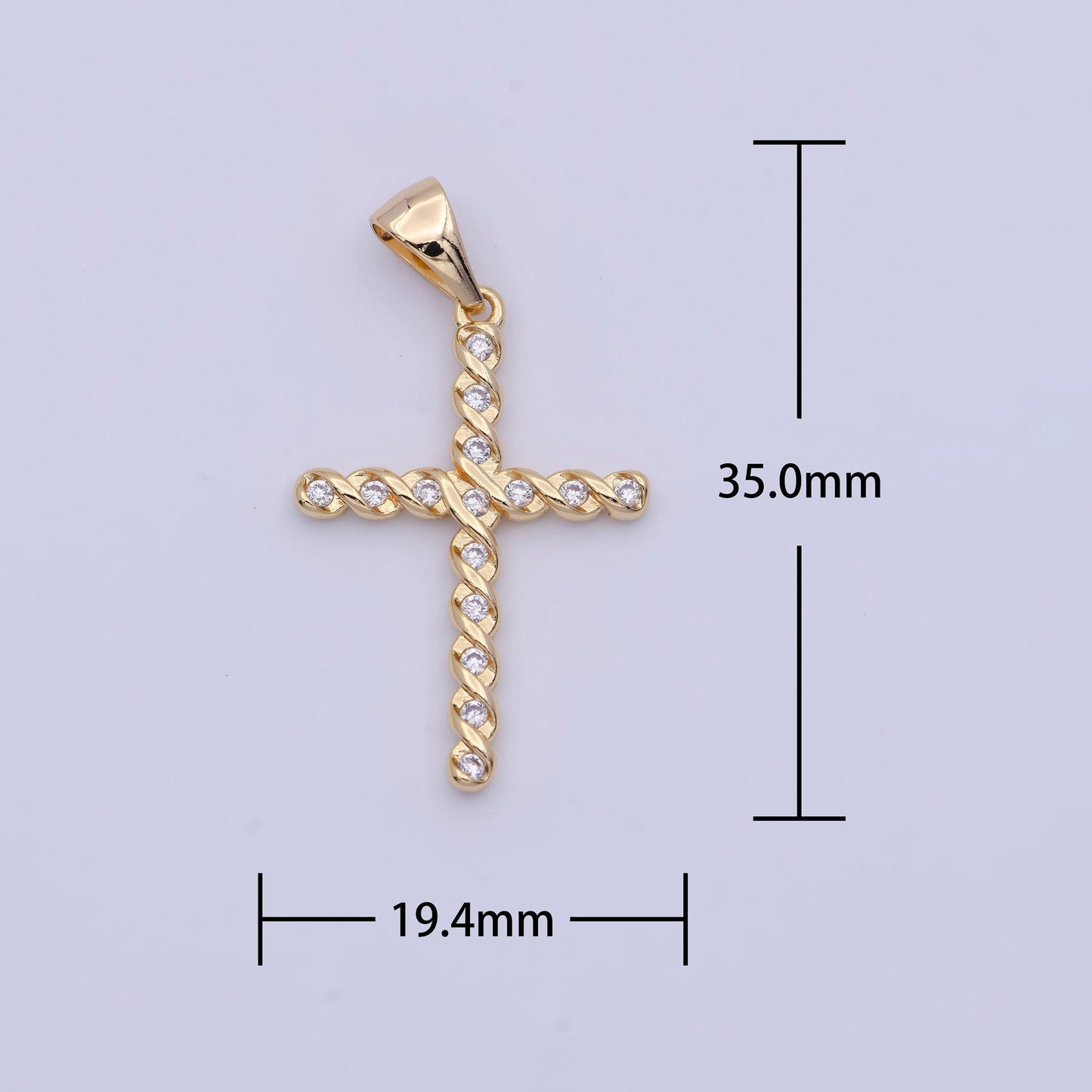 Twisted cz gold cross pendant, 24k gold plated baguette braided twist micro paved clear cz cross religious charm | x-498
