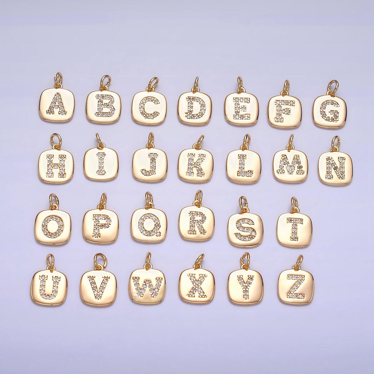 Gold tag square cz clear micro paved initial alphabet dainty personalized name tag charm necklace bracelet component | a198-a210