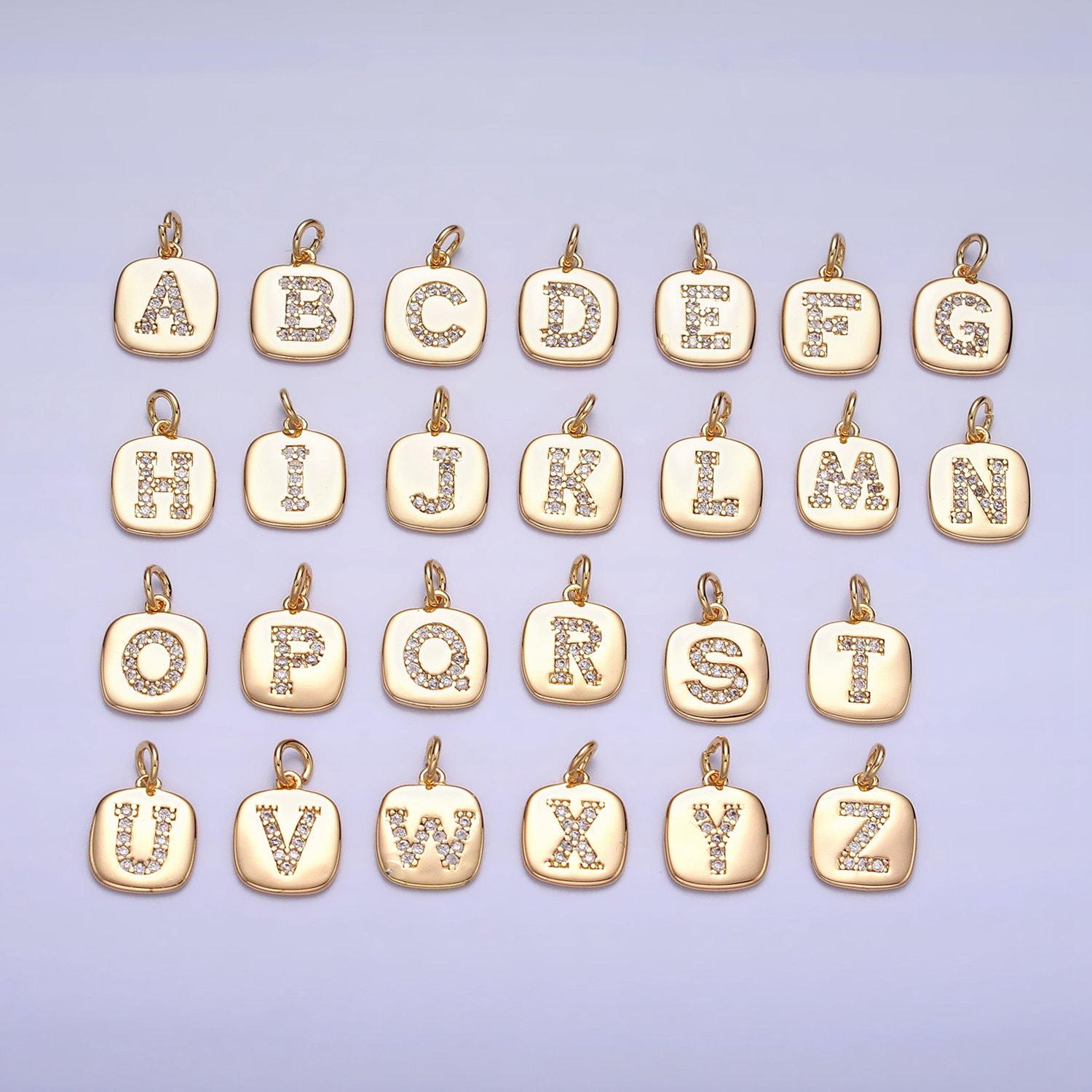 Gold tag square cz clear micro paved initial alphabet dainty personalized name tag charm necklace bracelet component | a198-a210
