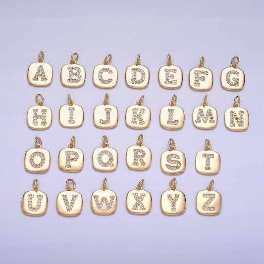 Gold tag square cz clear micro paved initial alphabet dainty personalized name tag charm necklace bracelet component | a198-a210