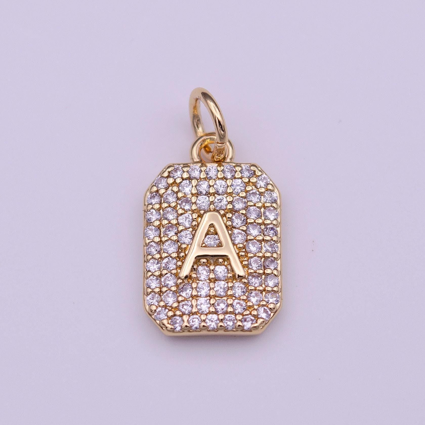 1x gold cz micro pave initial letter pendant,initials alphabet tile charm clear cz letter a-z for necklace making personalized add on charm