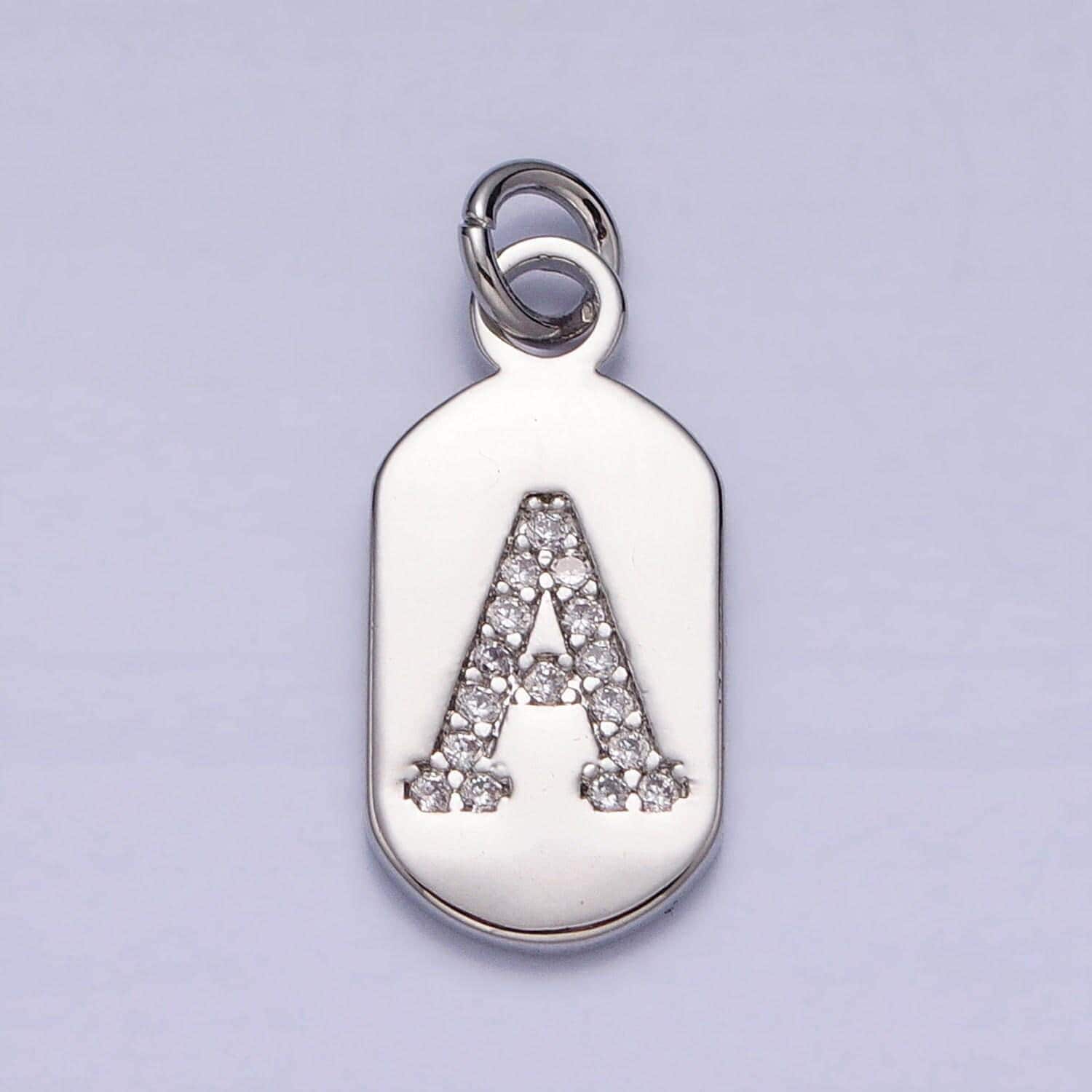 Small dog tag charm cz initial tag charm silver tag charm necklace bracelet dainty name tag rectangle tag pendant alphabet a1887-a1898