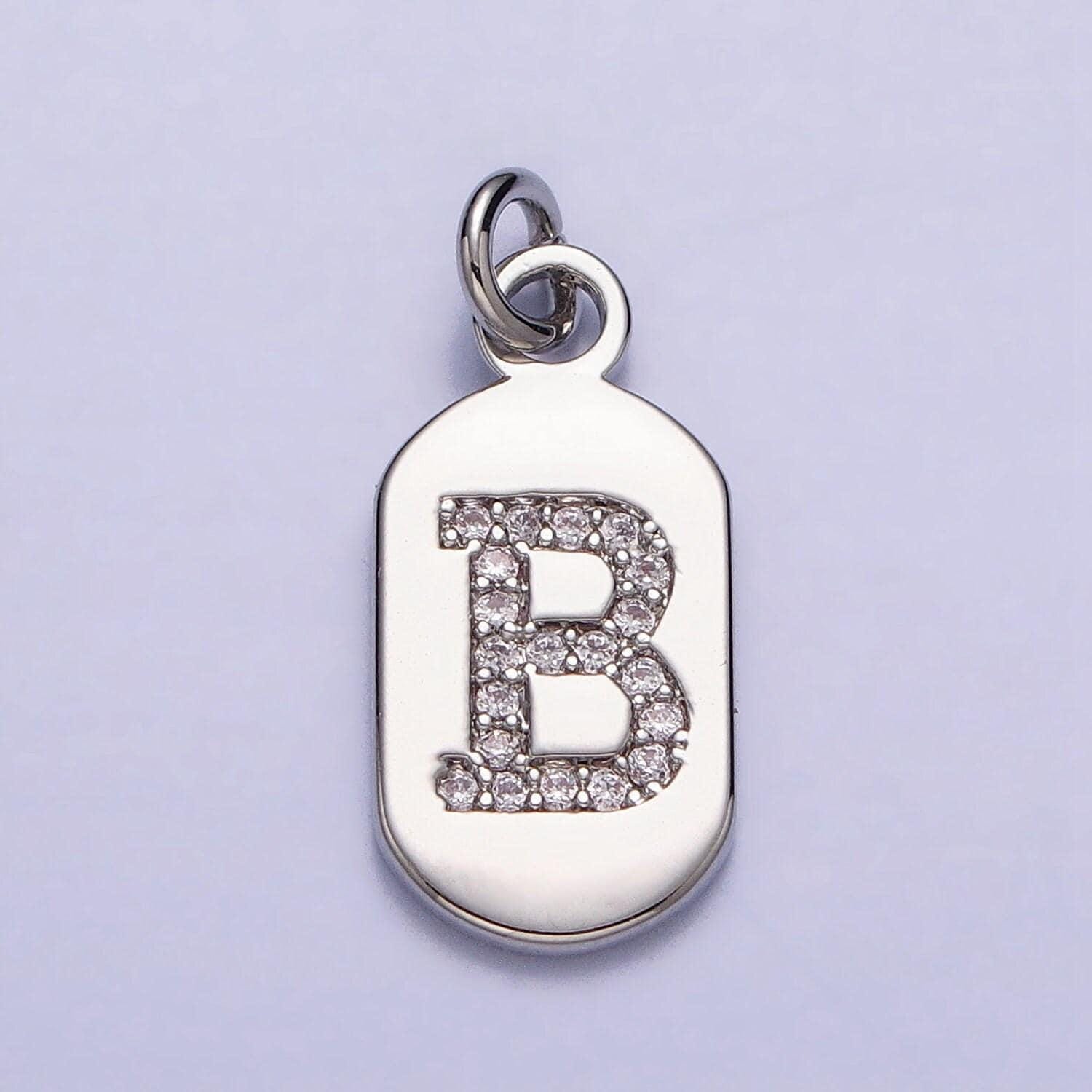 Small dog tag charm cz initial tag charm silver tag charm necklace bracelet dainty name tag rectangle tag pendant alphabet a1887-a1898