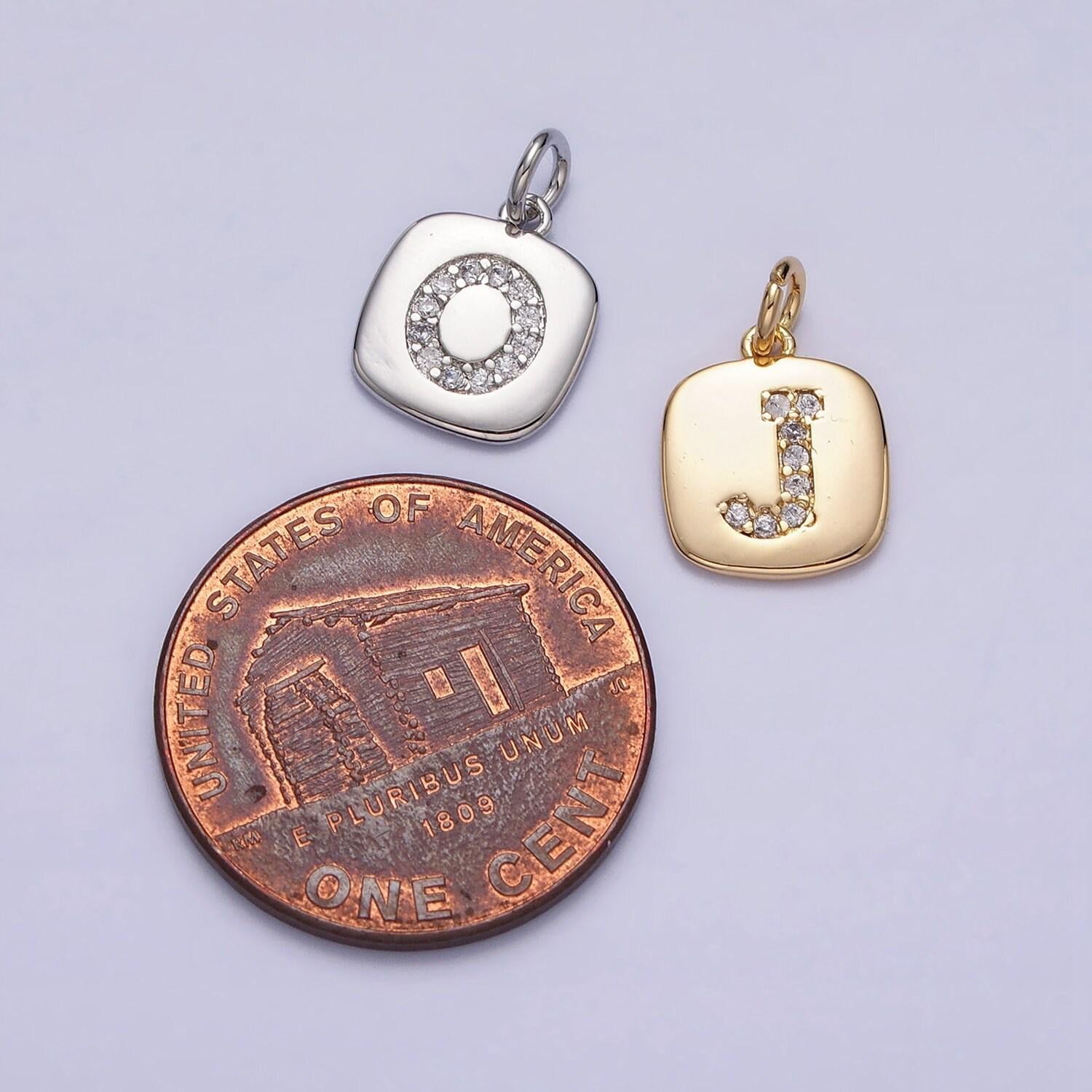 Gold tag square cz clear micro paved initial alphabet dainty personalized name tag charm necklace bracelet component | a198-a210