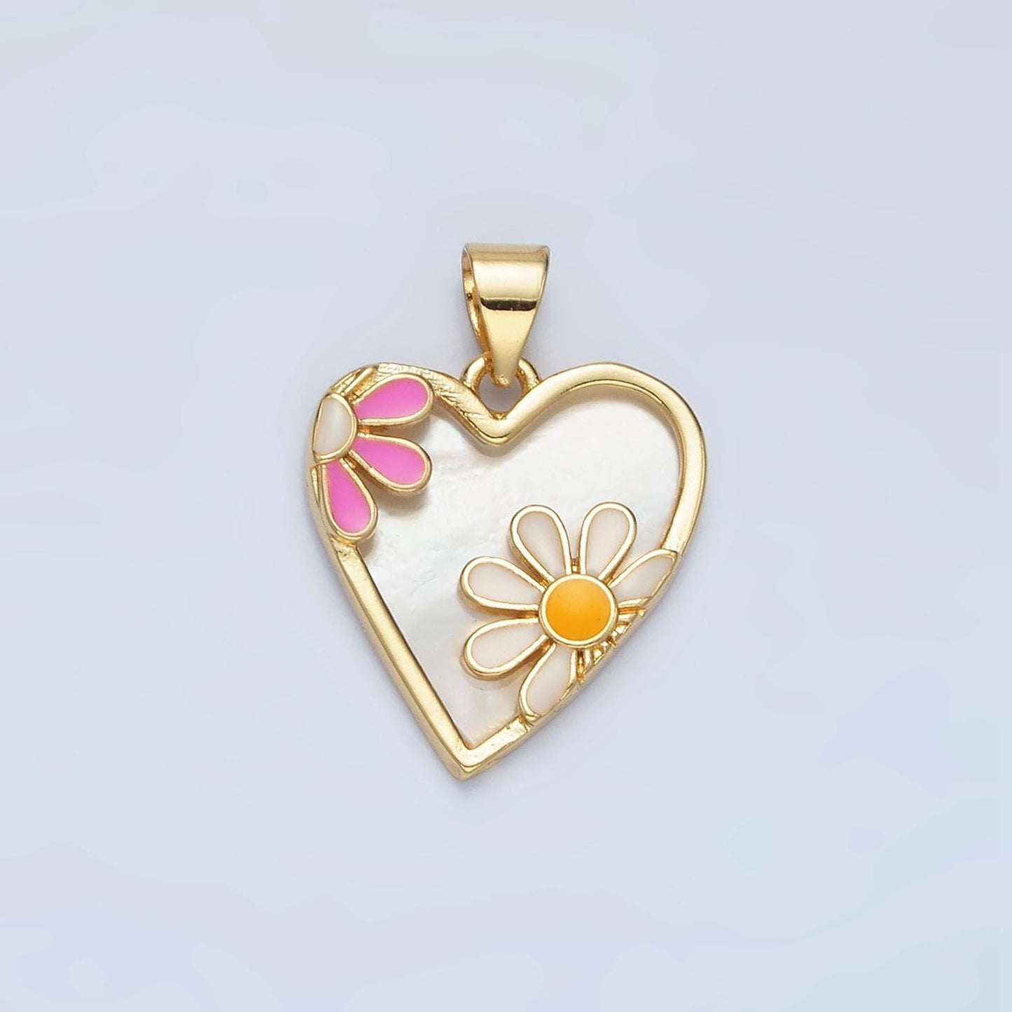 Dainty pearl heart daisy charm gold heart charm flower enamel pearl heart pendant love jewelry aa855