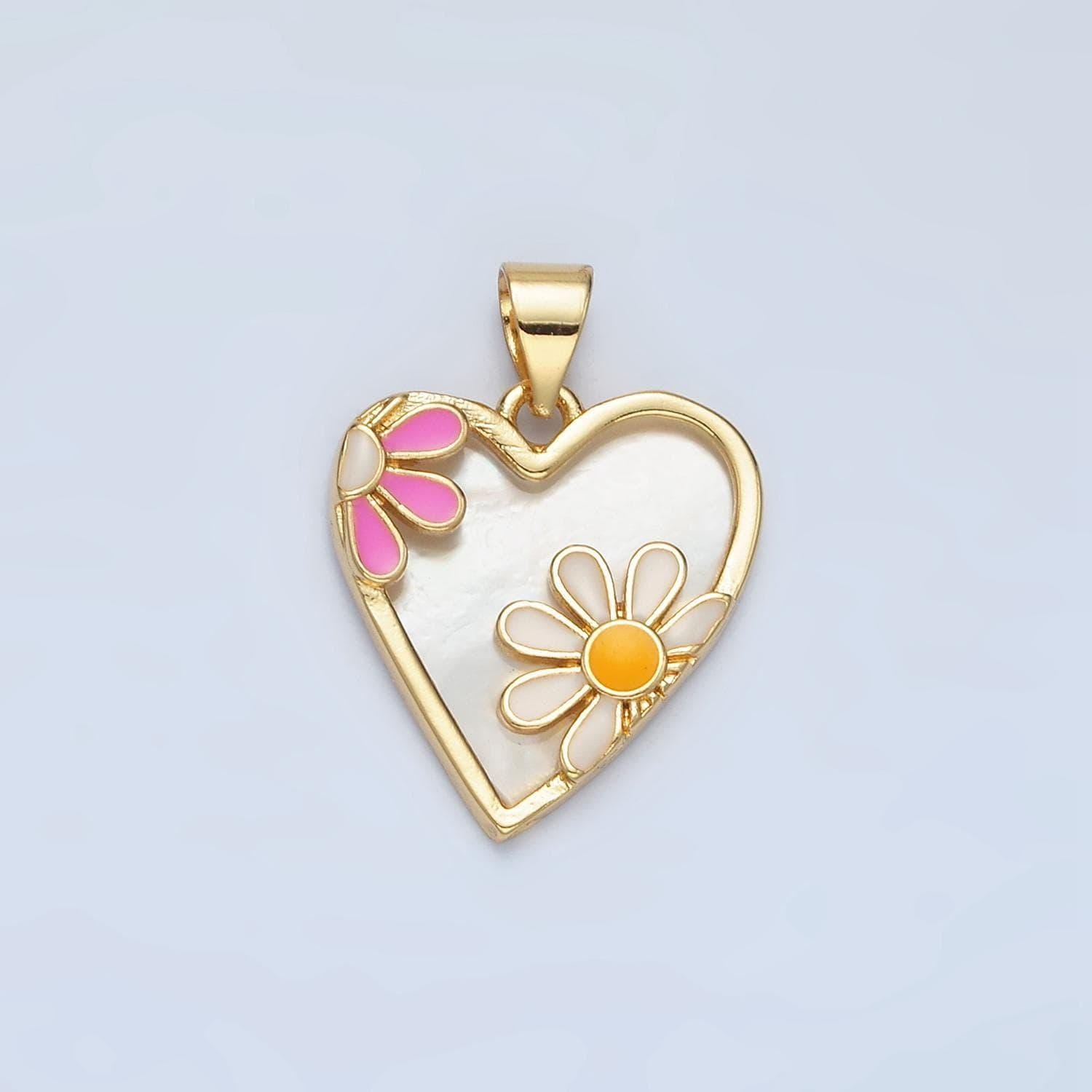 Dainty pearl heart daisy charm gold heart charm flower enamel pearl heart pendant love jewelry aa855