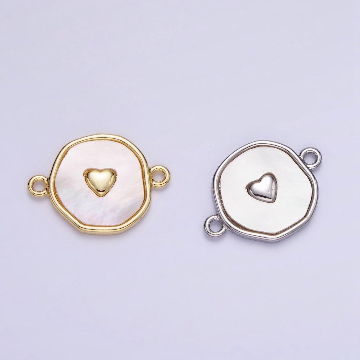 14k gold filled round coin heart charm connector shell pearl link connector | g-286