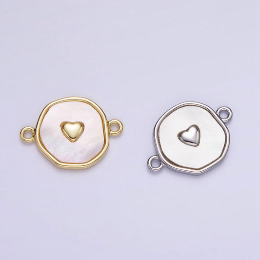 14k gold filled round coin heart charm connector shell pearl link connector | g-286