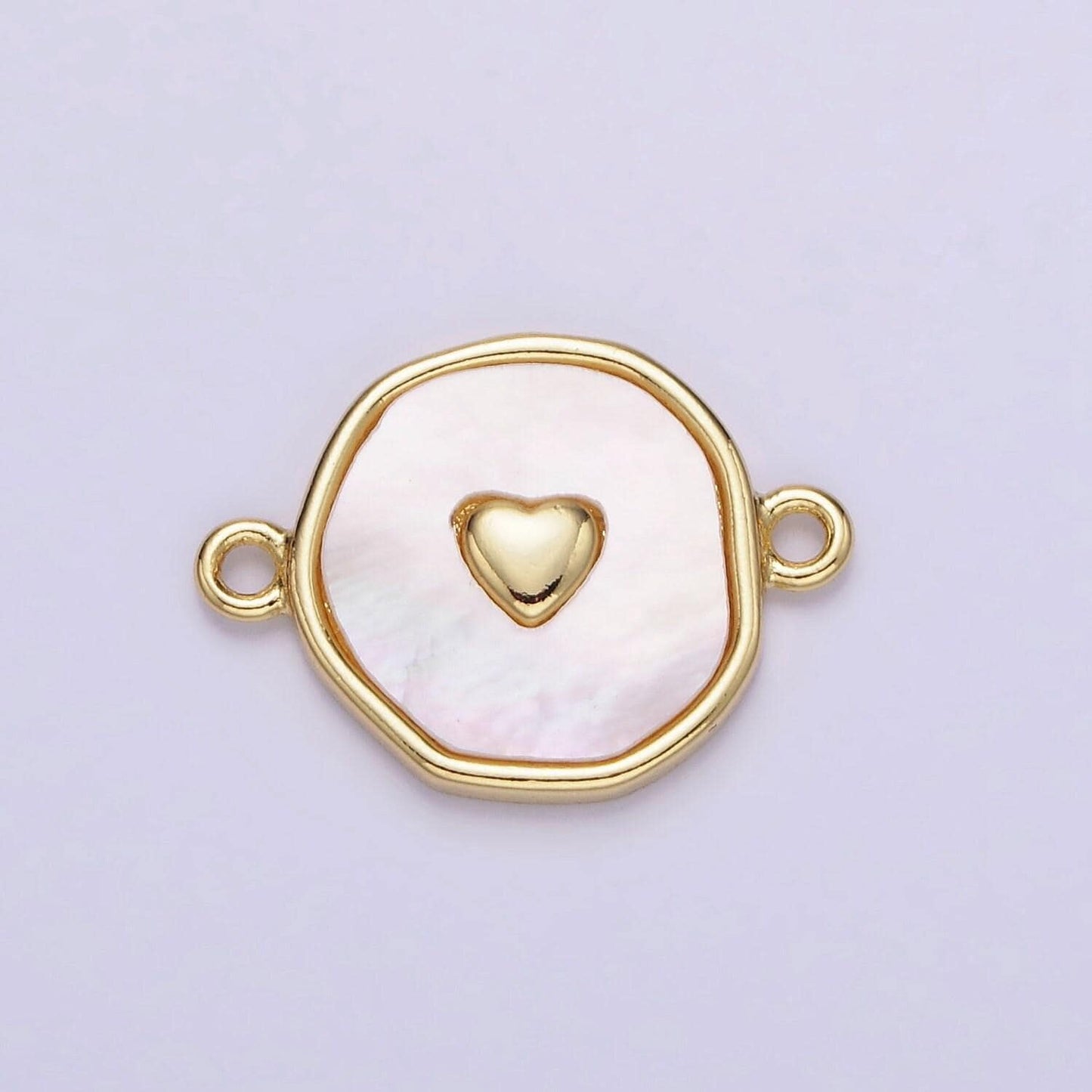 14k gold filled round coin heart charm connector shell pearl link connector | g-286