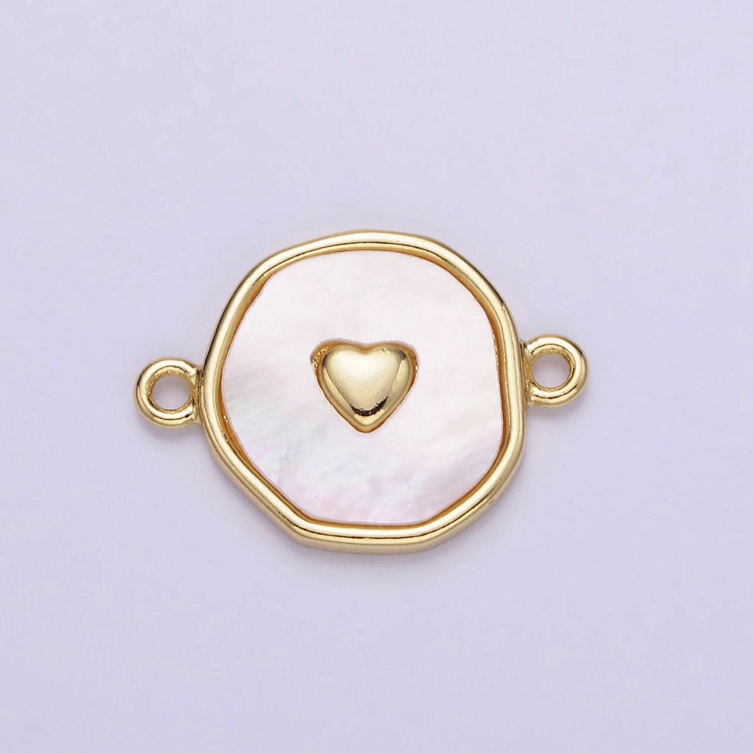 14k gold filled round coin heart charm connector shell pearl link connector | g-286