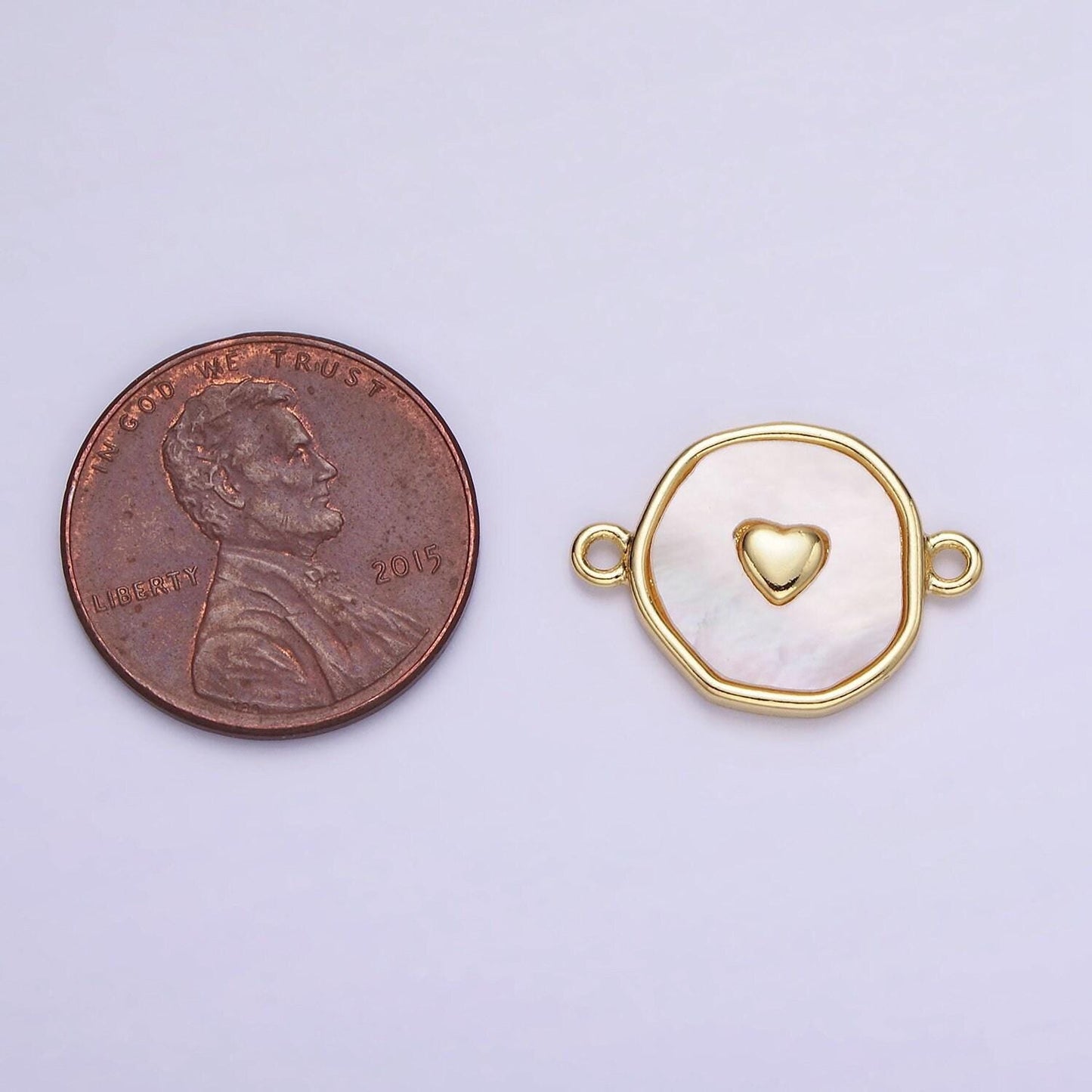 14k gold filled round coin heart charm connector shell pearl link connector | g-286