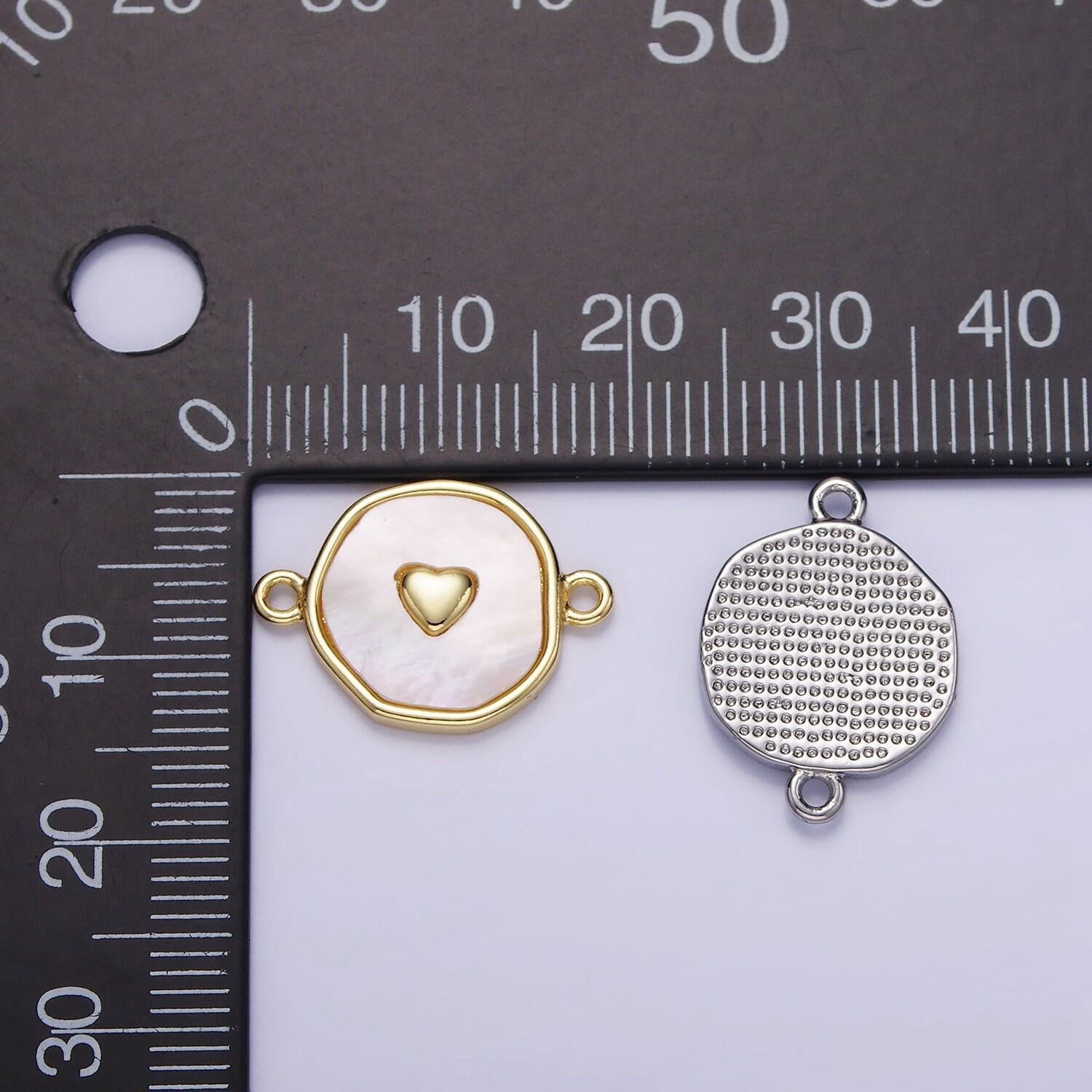 14k gold filled round coin heart charm connector shell pearl link connector | g-286