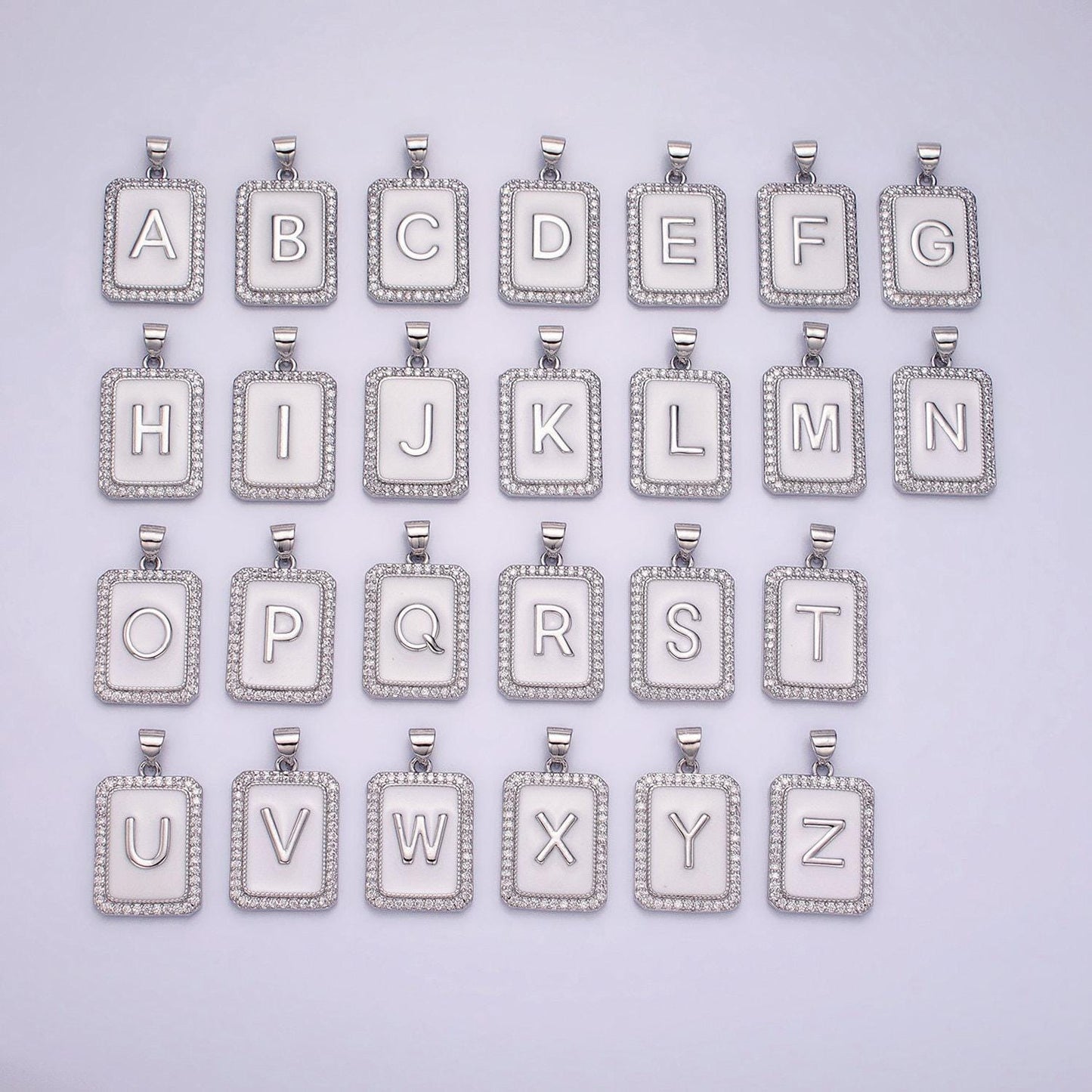Silver initial letter necklace micro pave white enamel letter pendant necklace cubic alphabet rectangle medallion pendant, personalized gift