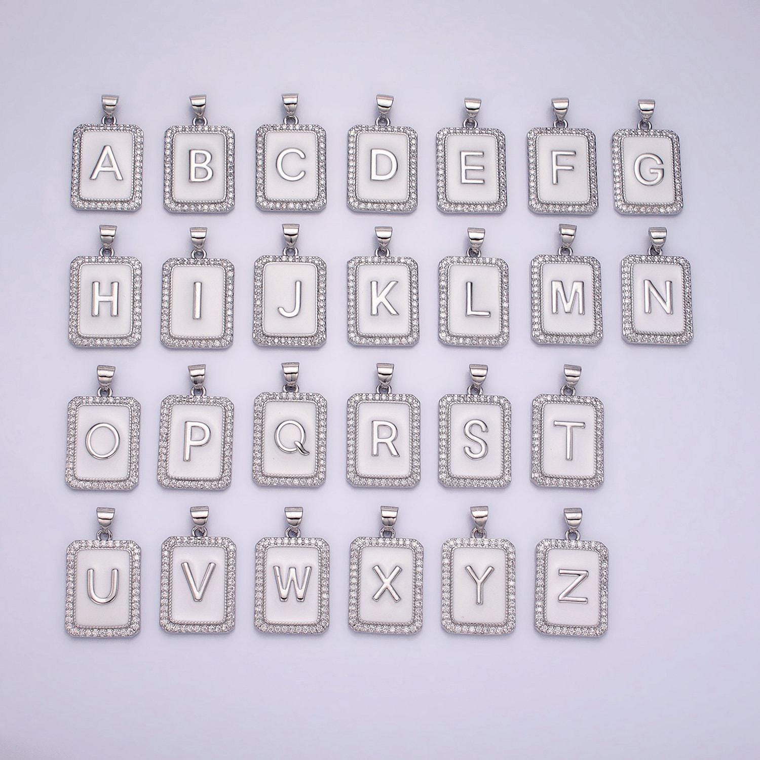 Silver initial letter necklace micro pave white enamel letter pendant necklace cubic alphabet rectangle medallion pendant, personalized gift