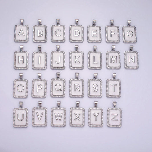 Silver initial letter necklace micro pave white enamel letter pendant necklace cubic alphabet rectangle medallion pendant, personalized gift