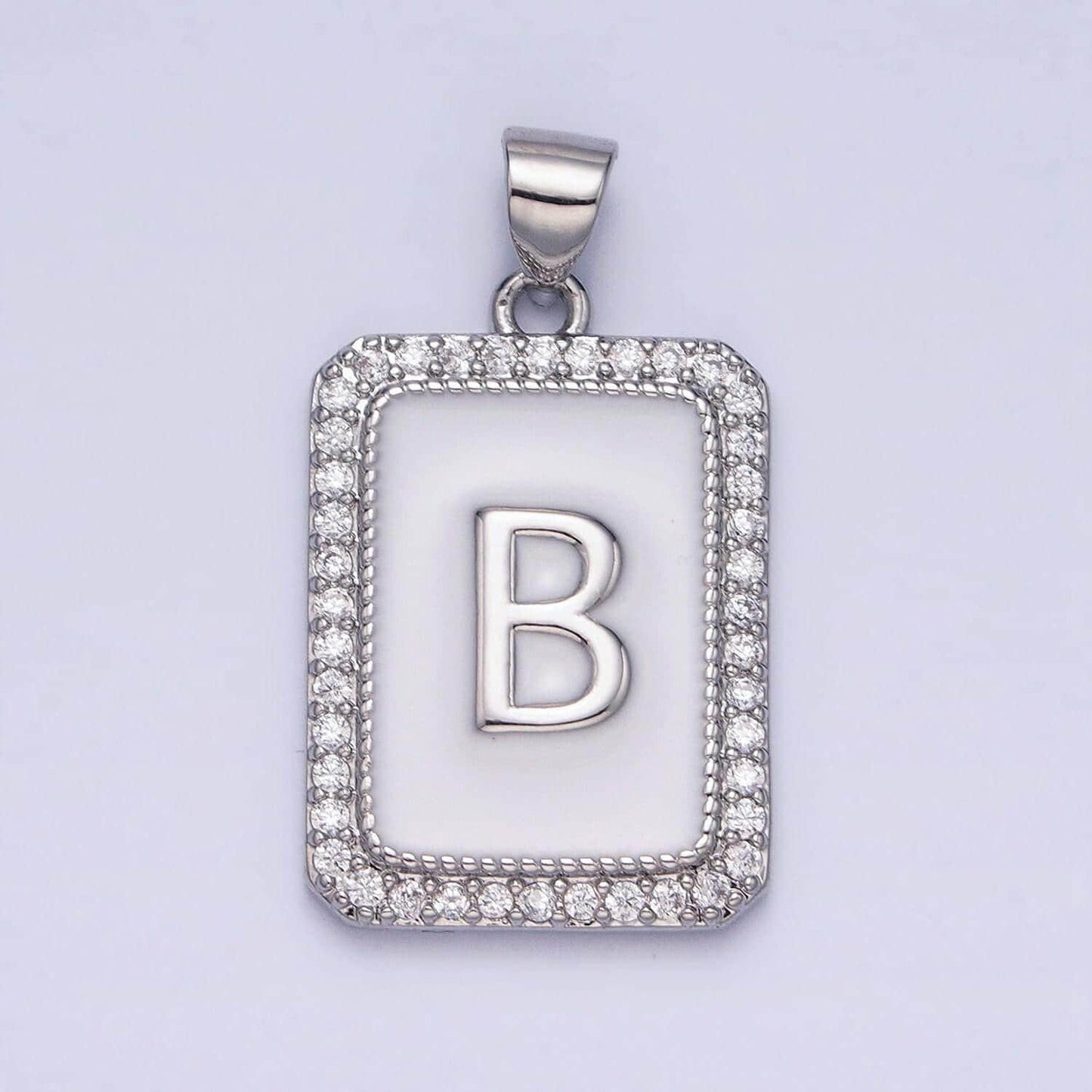 Silver initial letter necklace micro pave white enamel letter pendant necklace cubic alphabet rectangle medallion pendant, personalized gift