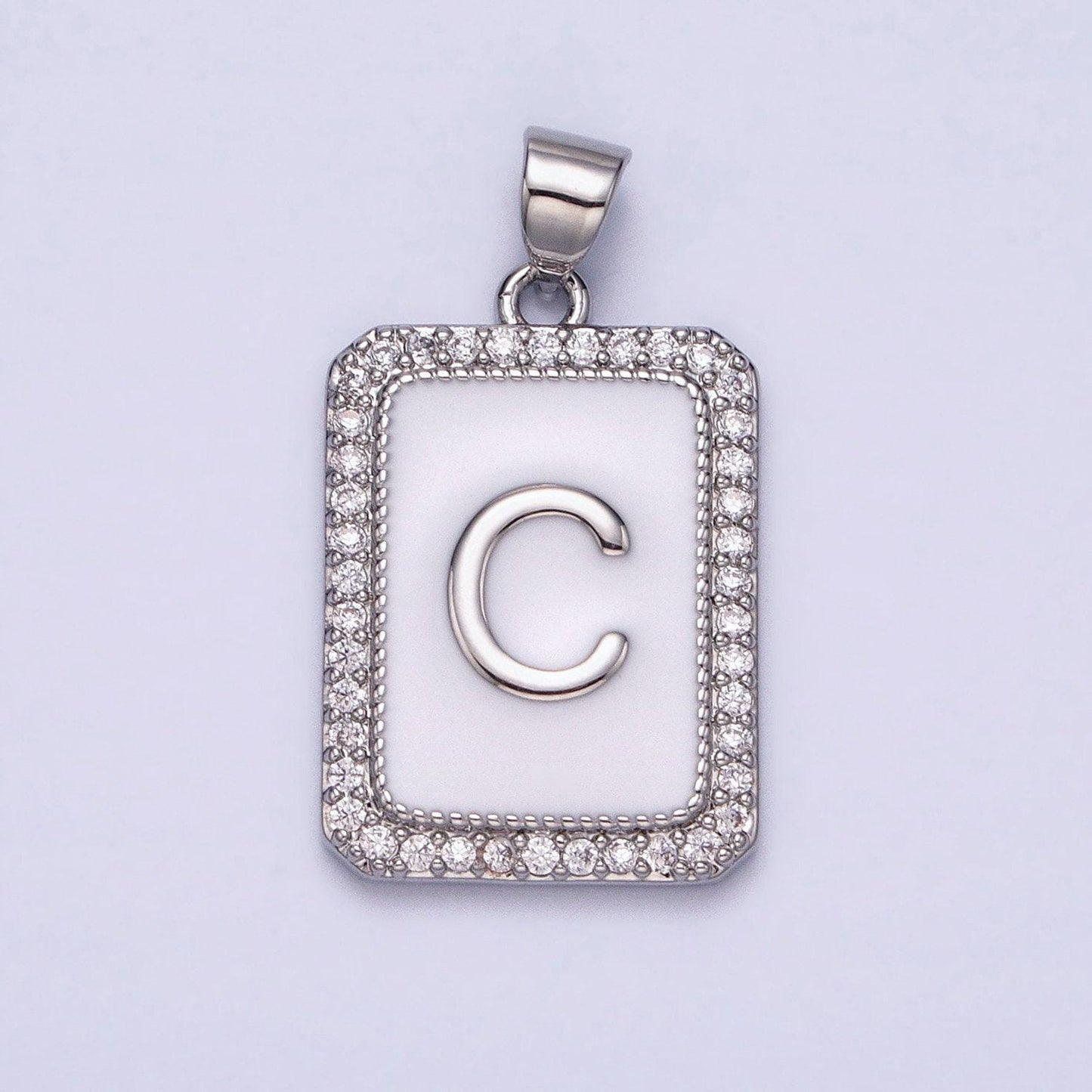 Silver initial letter necklace micro pave white enamel letter pendant necklace cubic alphabet rectangle medallion pendant, personalized gift