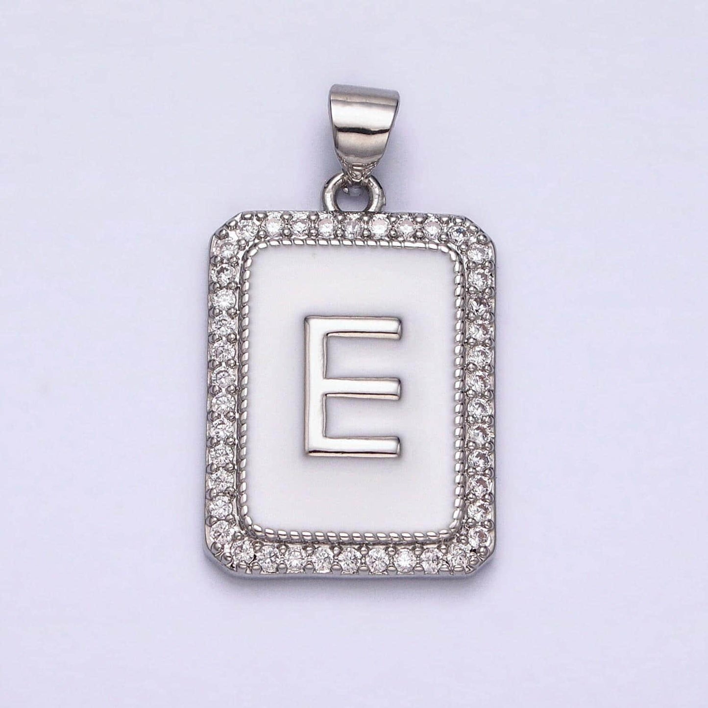 Silver initial letter necklace micro pave white enamel letter pendant necklace cubic alphabet rectangle medallion pendant, personalized gift