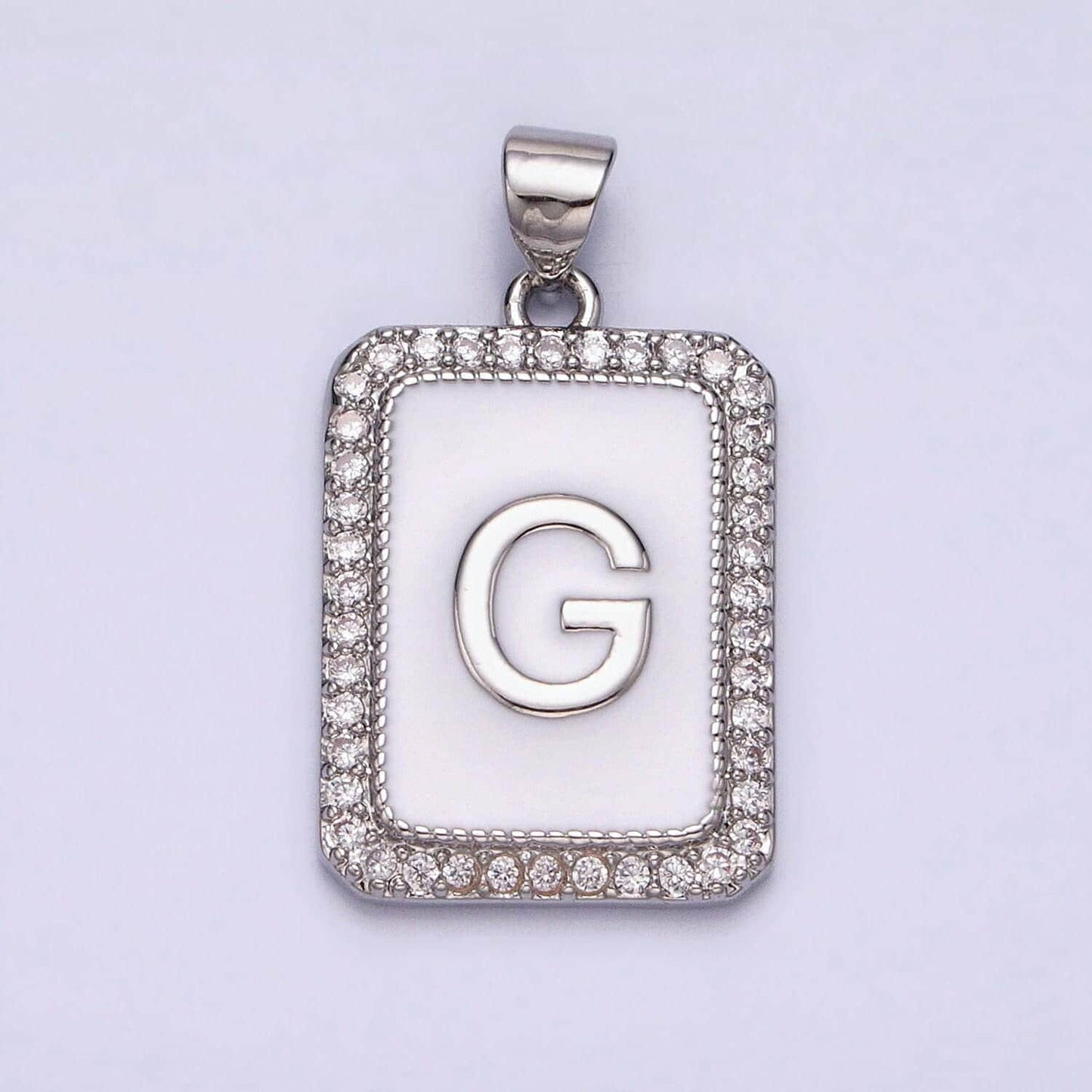 Silver initial letter necklace micro pave white enamel letter pendant necklace cubic alphabet rectangle medallion pendant, personalized gift