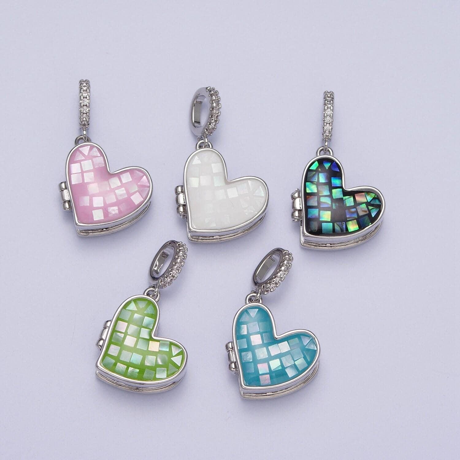 Silver heart locket charm abalone, blue, pink, white, green shell opal heart locket pendant for necklace bracelet supply h-086