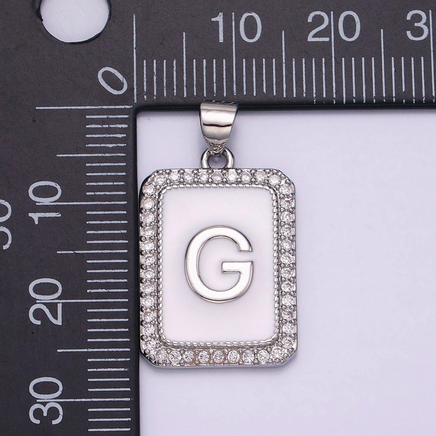Silver initial letter necklace micro pave white enamel letter pendant necklace cubic alphabet rectangle medallion pendant, personalized gift
