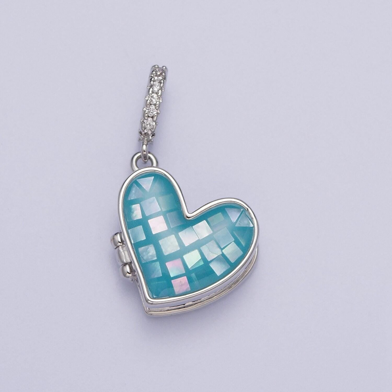 Silver heart locket charm abalone, blue, pink, white, green shell opal heart locket pendant for necklace bracelet supply h-086