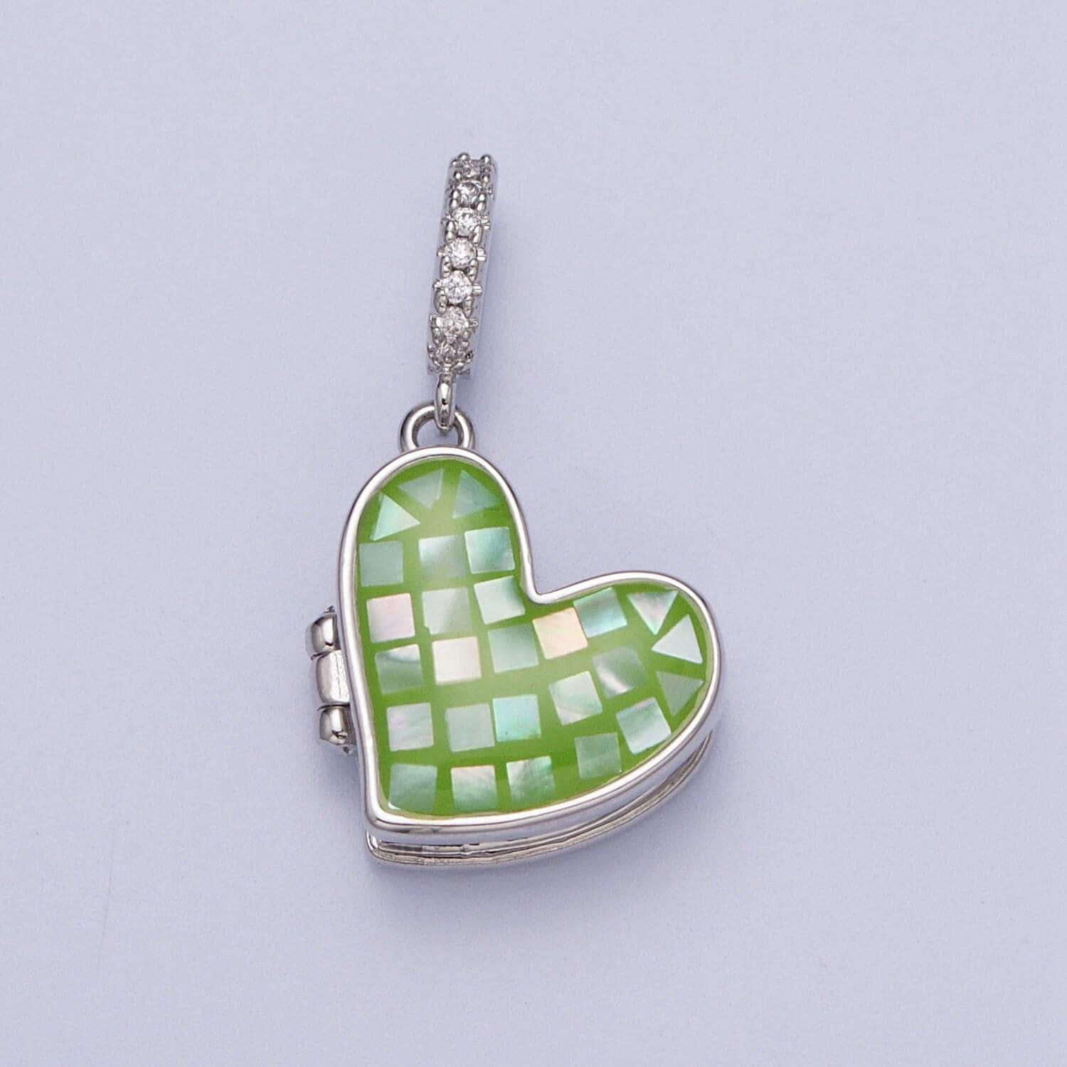 Silver heart locket charm abalone, blue, pink, white, green shell opal heart locket pendant for necklace bracelet supply h-086