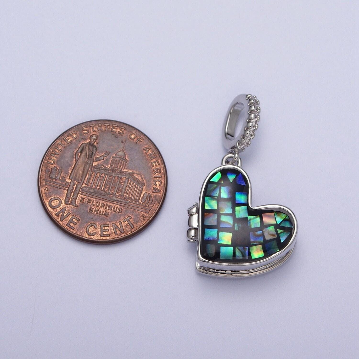 Silver heart locket charm abalone, blue, pink, white, green shell opal heart locket pendant for necklace bracelet supply h-086