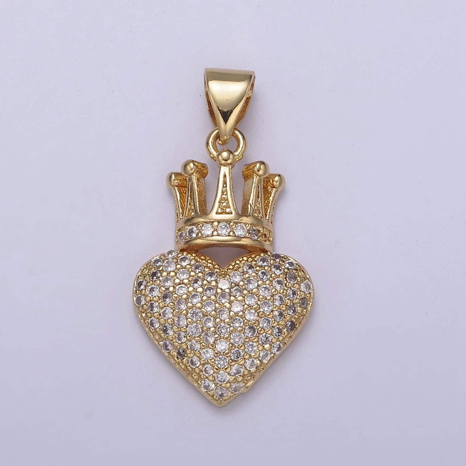 Clear micro pave heart with crown charm pendant, 24k gold filled love heart royalty pendant supply for jewelry making, n-540