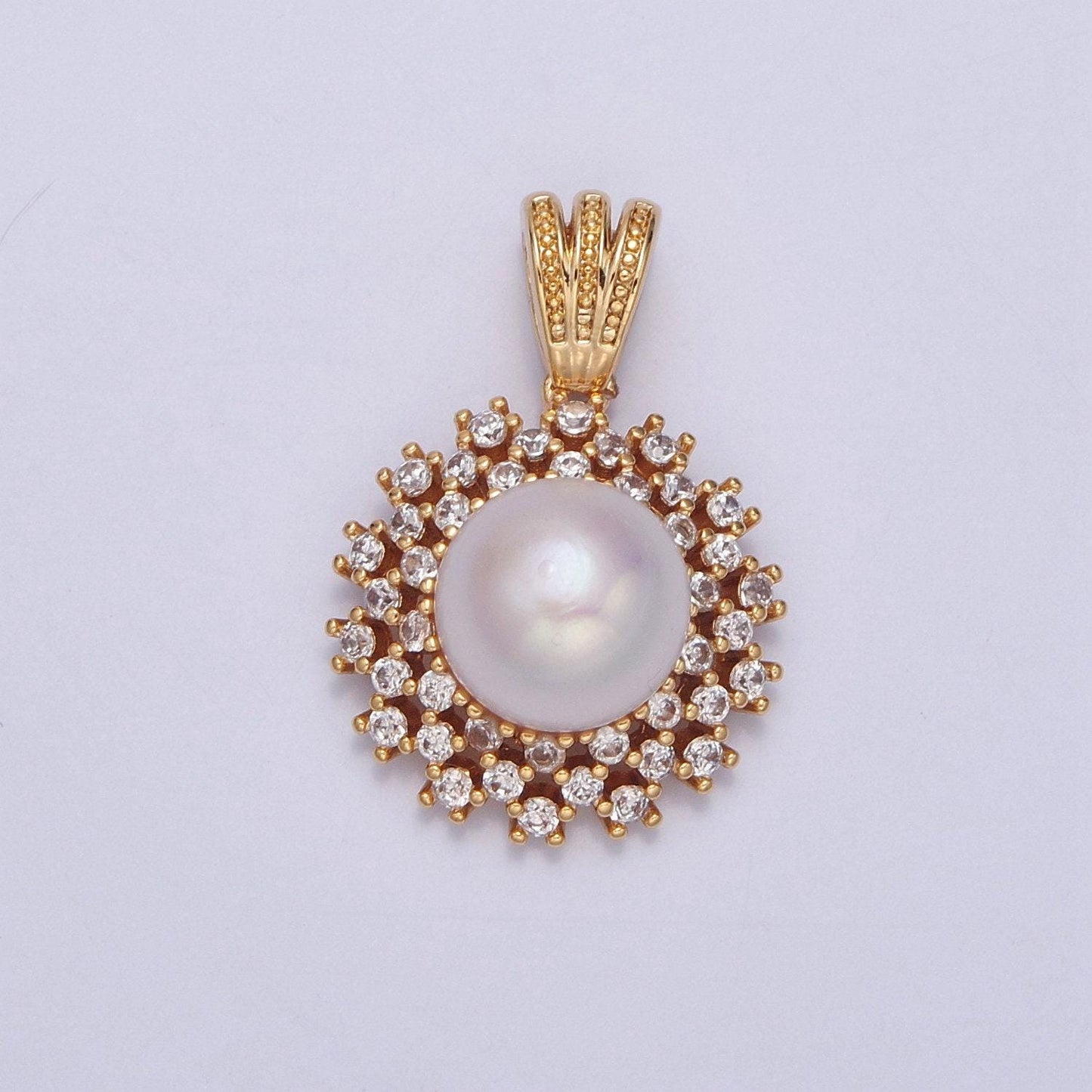 Dainty round pave genuine shell pearl pendant minimalist bridal wedding jewelry i-029