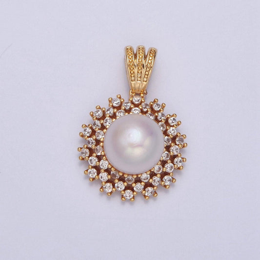 Dainty round pave genuine shell pearl pendant minimalist bridal wedding jewelry i-029