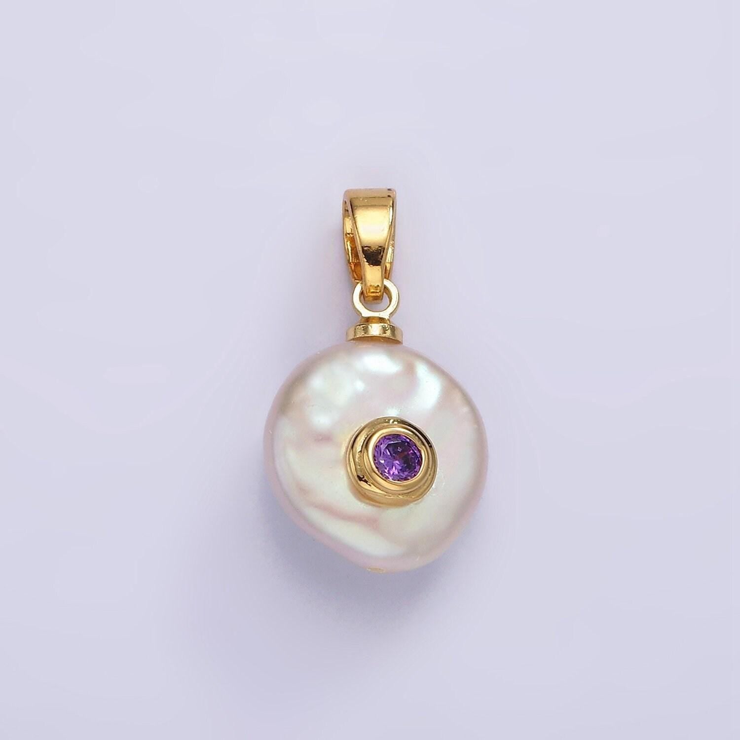Freshwater pearl pendant cz freeform pearl round oval cz charms for bracelets necklace jewelry orange, purple, green, blue cz