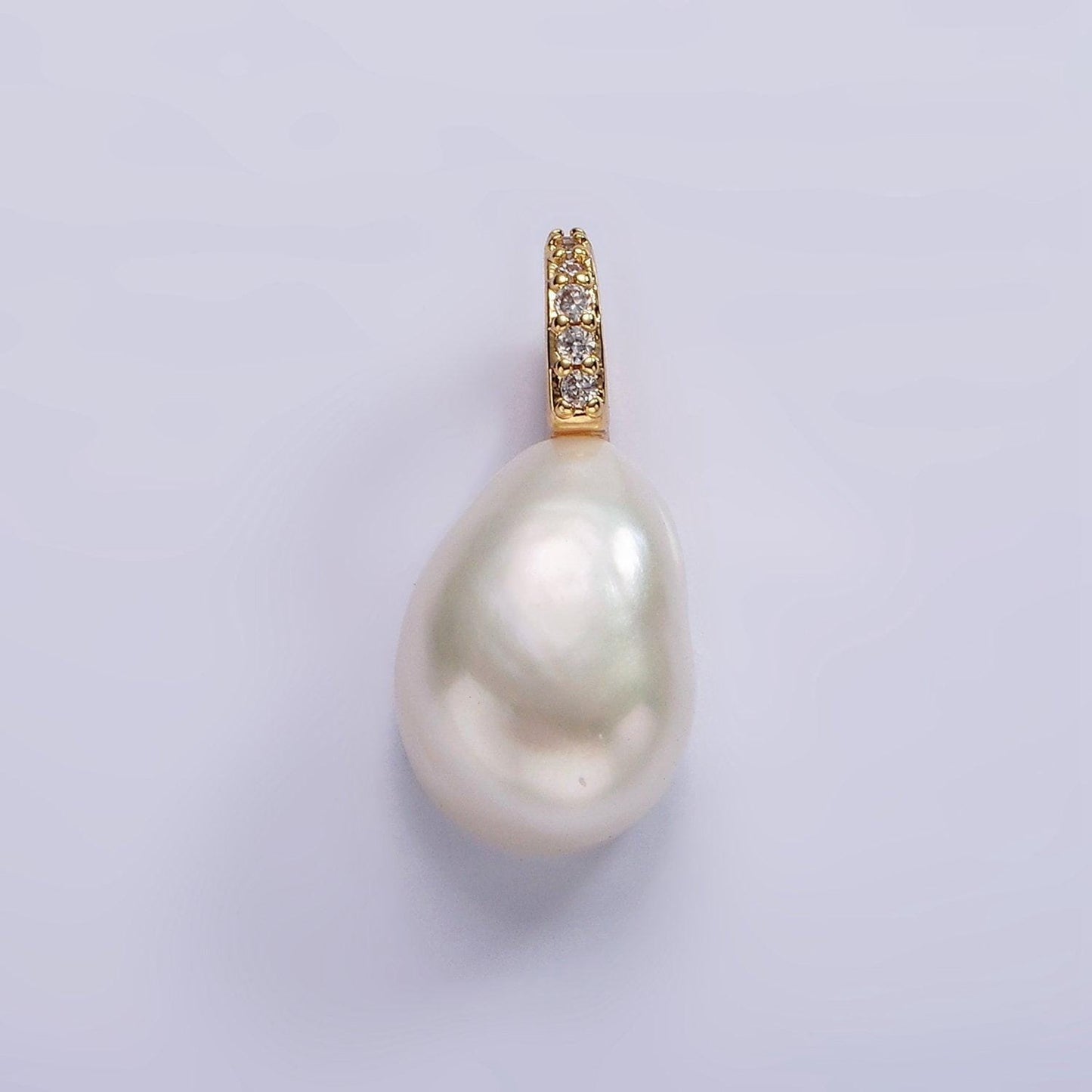 14k gold filled 19mm white freshwater pearl button drop micro paved cz pendant | p1641