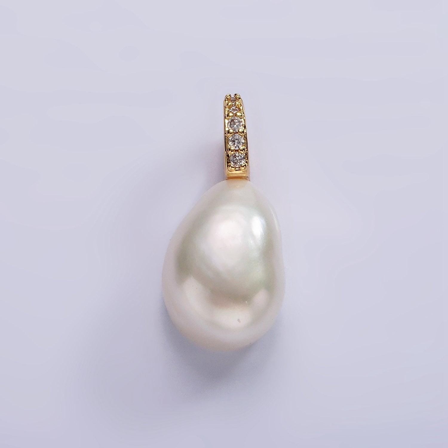 14k gold filled 19mm white freshwater pearl button drop micro paved cz pendant | p1641