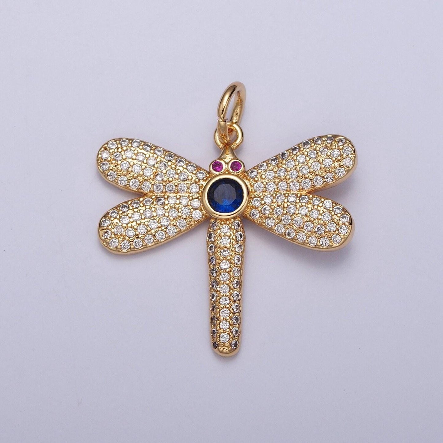 24k gold micro pave cz dragonfly pendant, magenta-eyed blue cz stone dragonfly charm, insect pendant for necklace earring supply | x-127