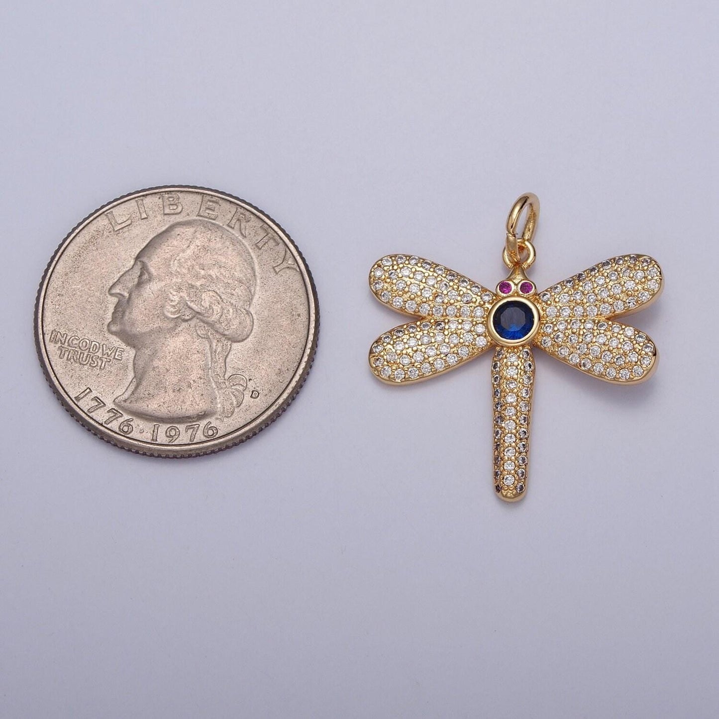 24k gold micro pave cz dragonfly pendant, magenta-eyed blue cz stone dragonfly charm, insect pendant for necklace earring supply | x-127