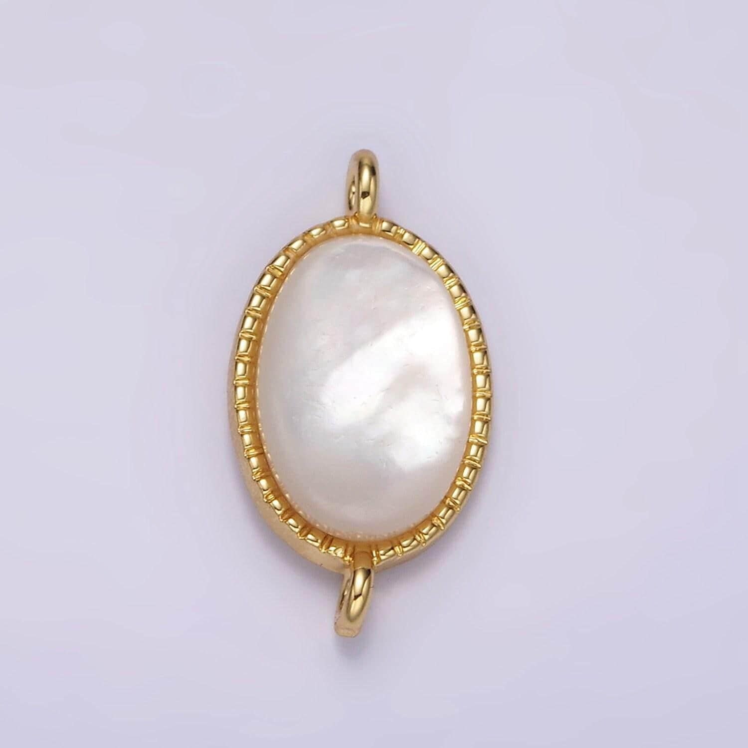 14k gold filled 20mm shell pearl oblong dotted bezel connector | g821