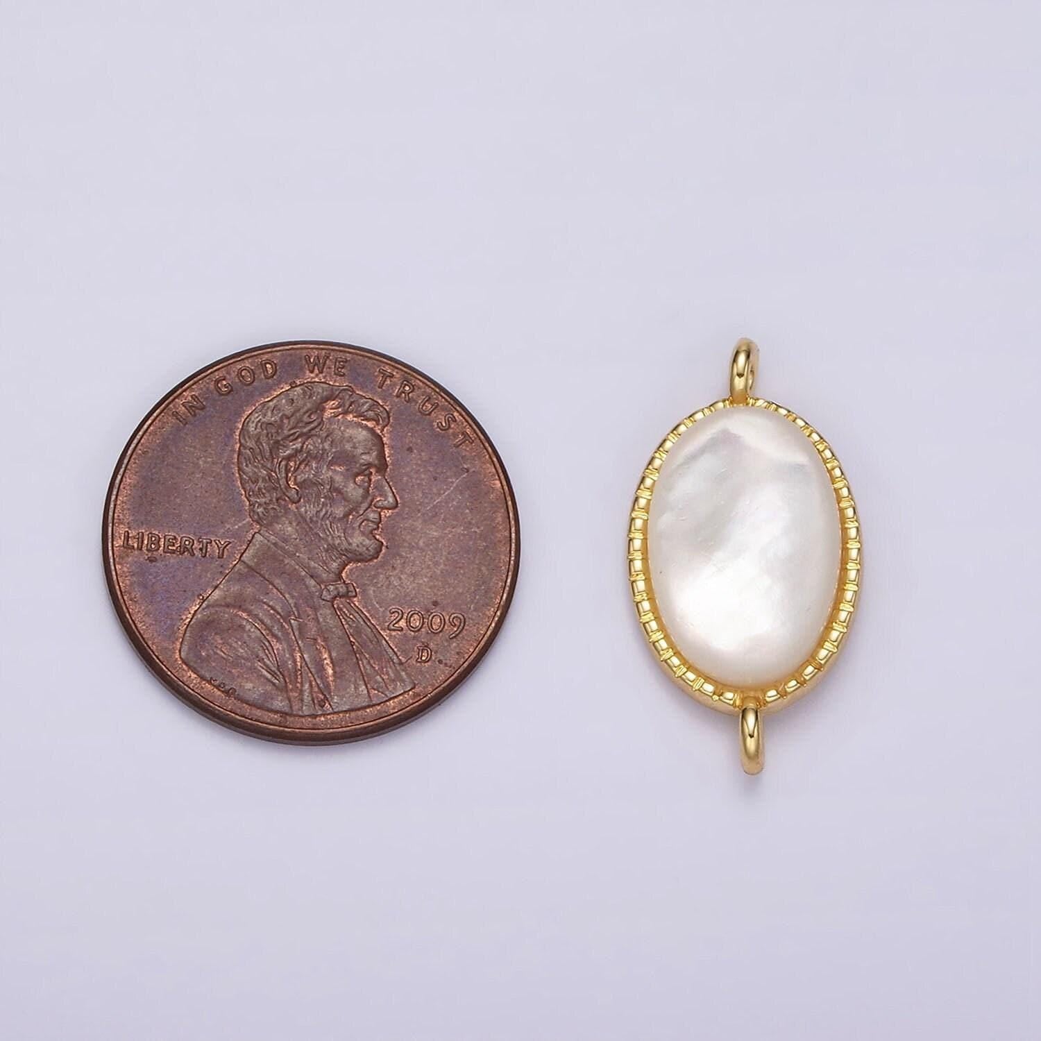14k gold filled 20mm shell pearl oblong dotted bezel connector | g821