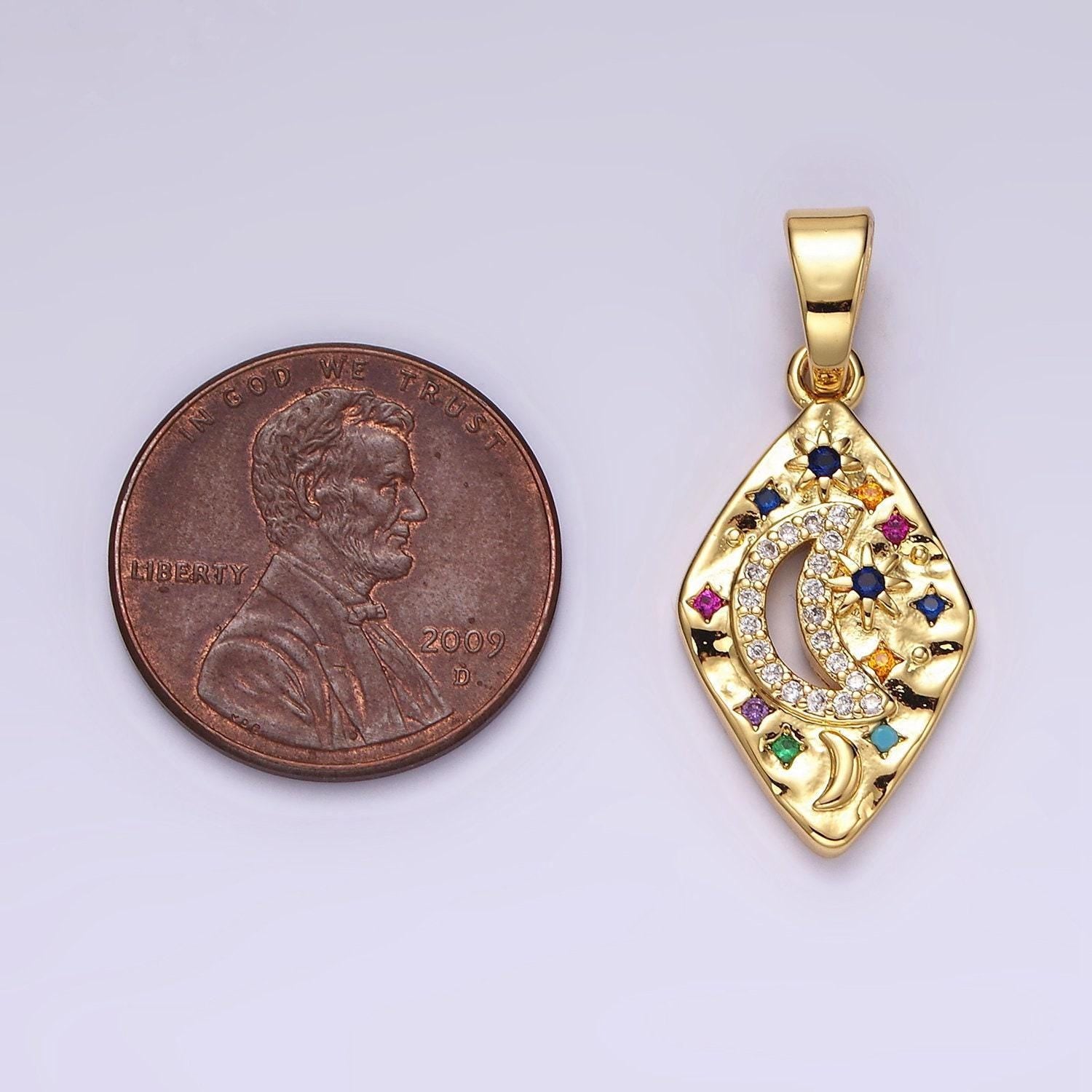 14k gold filled celestial crescent moon star multicolor cz open hammered rhombus pendant | aa510