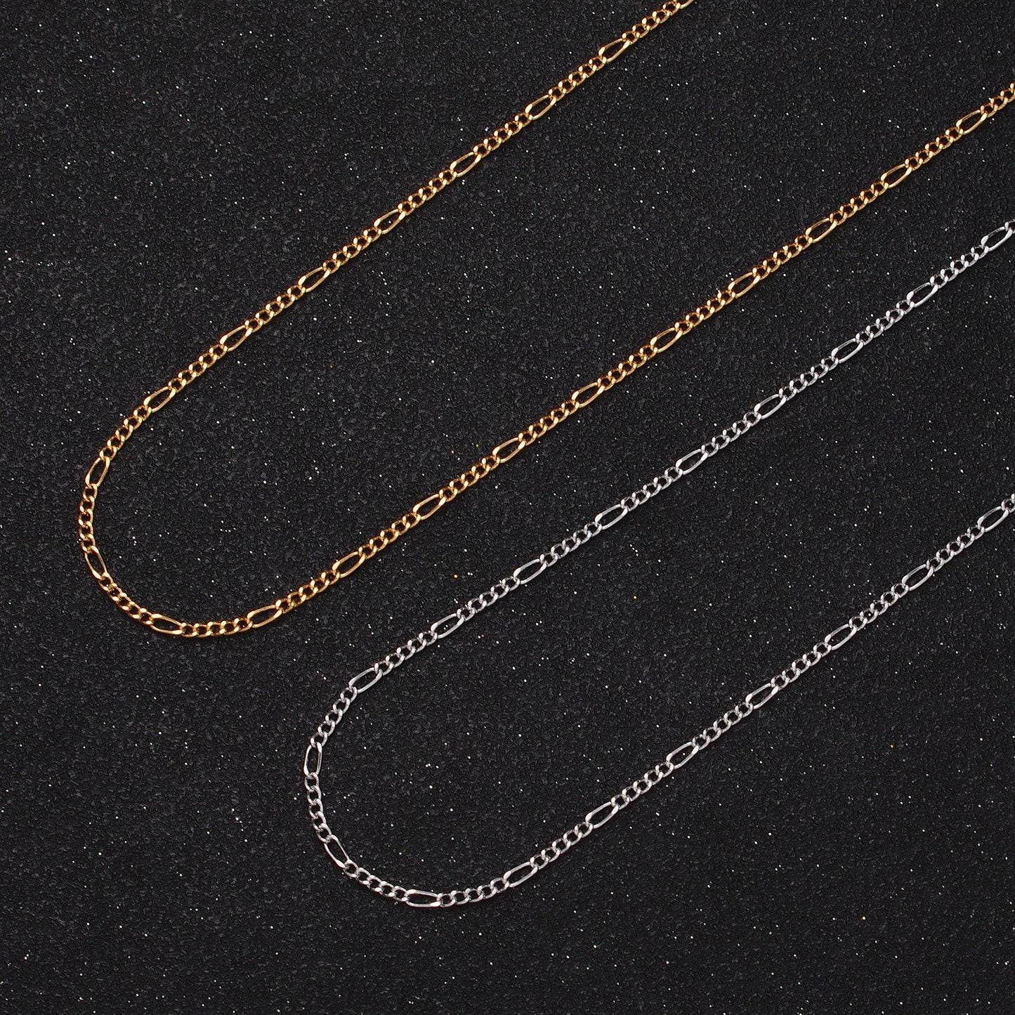 24k gold filled dainty 1.3mm figaro chain by yard, gold & silver wholesale bulk jewelry making unfinished chain by yard | roll-984, roll-985