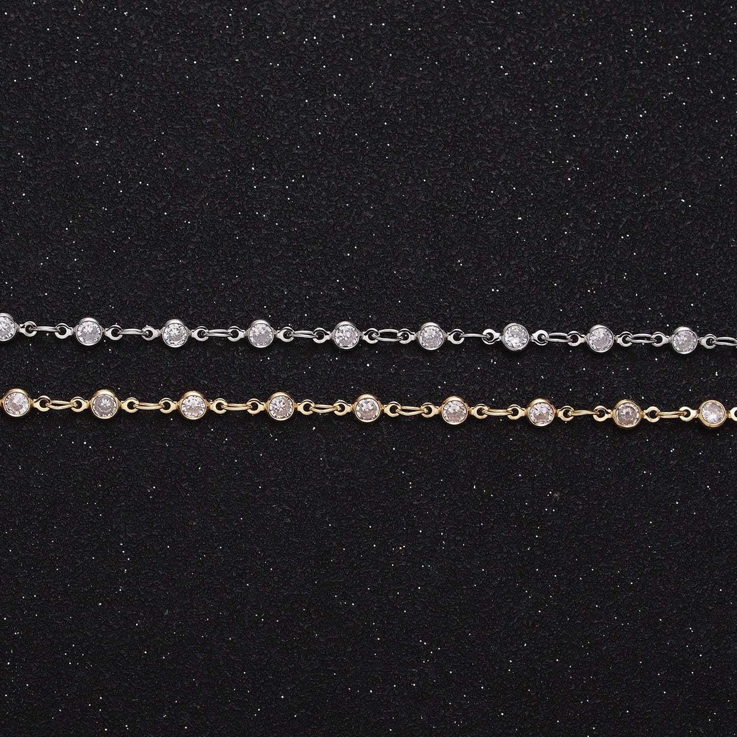 Dainty 16k gold filled 2.6mm clear round bezel cut cz figure eight link designed unfinished chain by yard for jewelry making | roll-1337