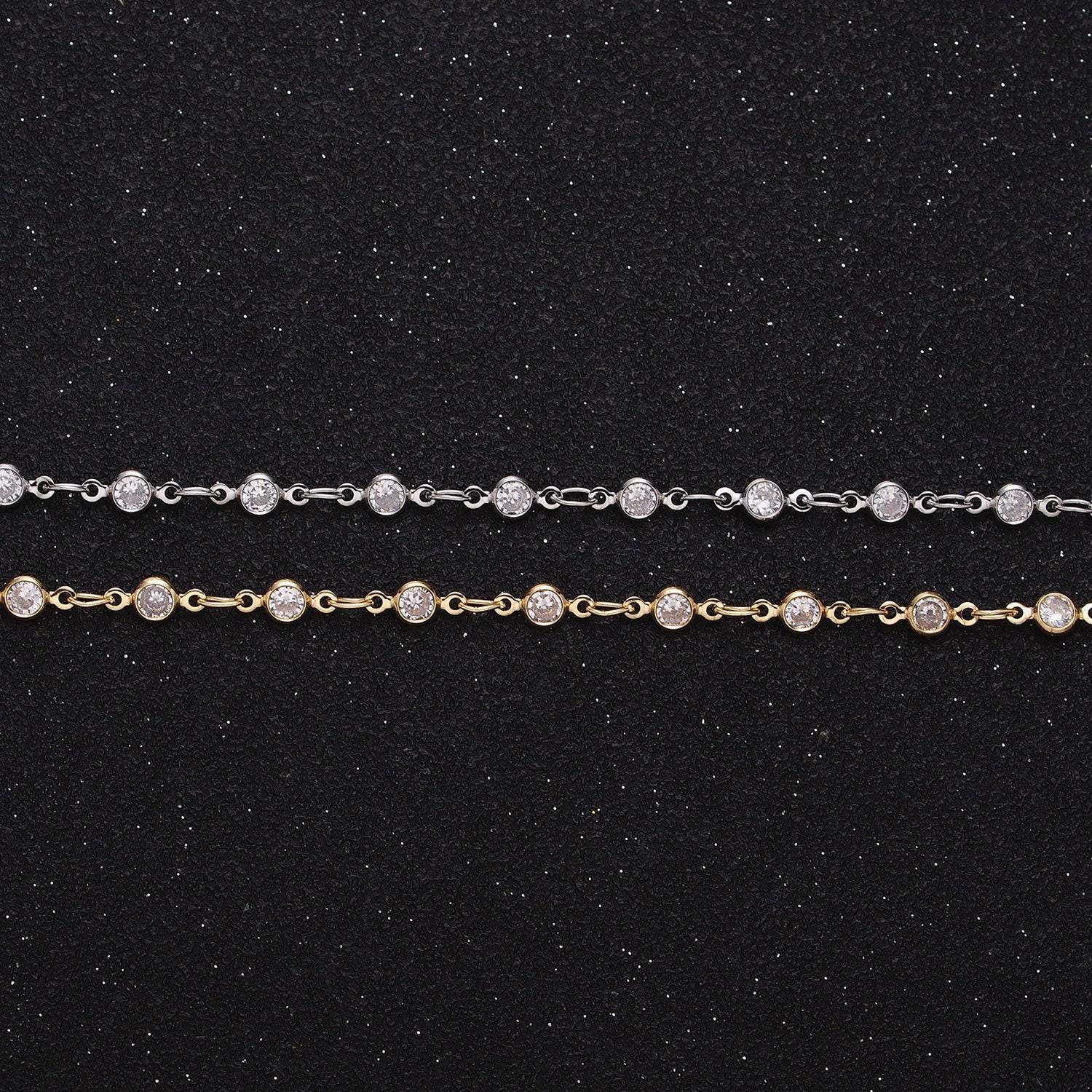 Dainty 16k gold filled 2.6mm clear round bezel cut cz figure eight link designed unfinished chain by yard for jewelry making | roll-1337