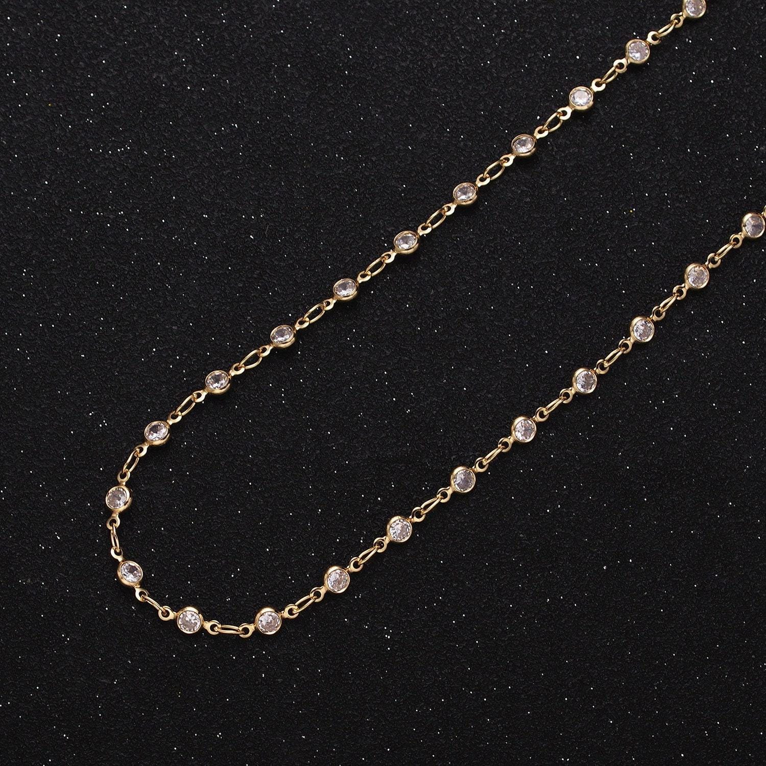 Dainty 16k gold filled 2.6mm clear round bezel cut cz figure eight link designed unfinished chain by yard for jewelry making | roll-1337