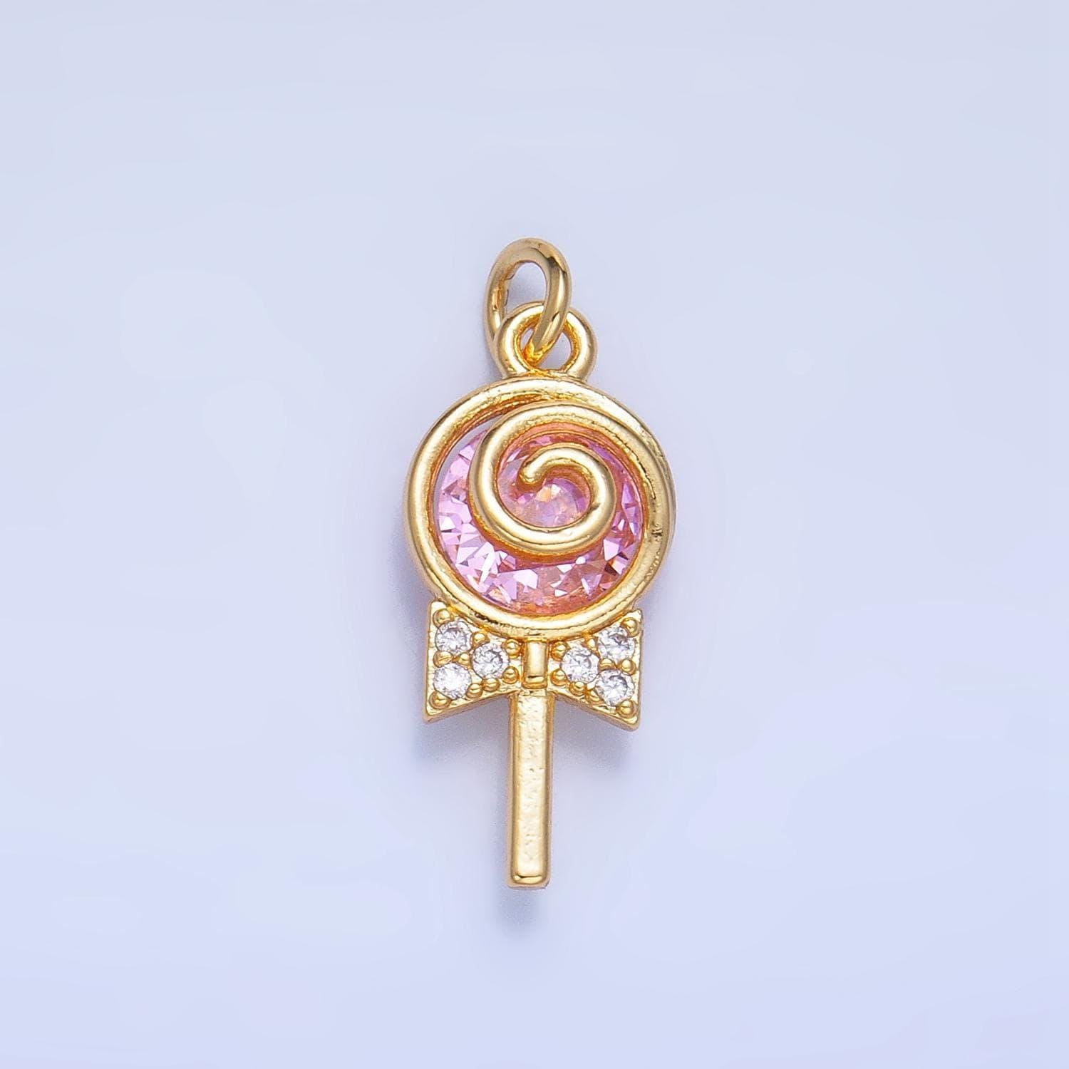 Dainty gold filled lollipop colorful pink clear yellow green sugar swirl cz candy charm food pendant | w092