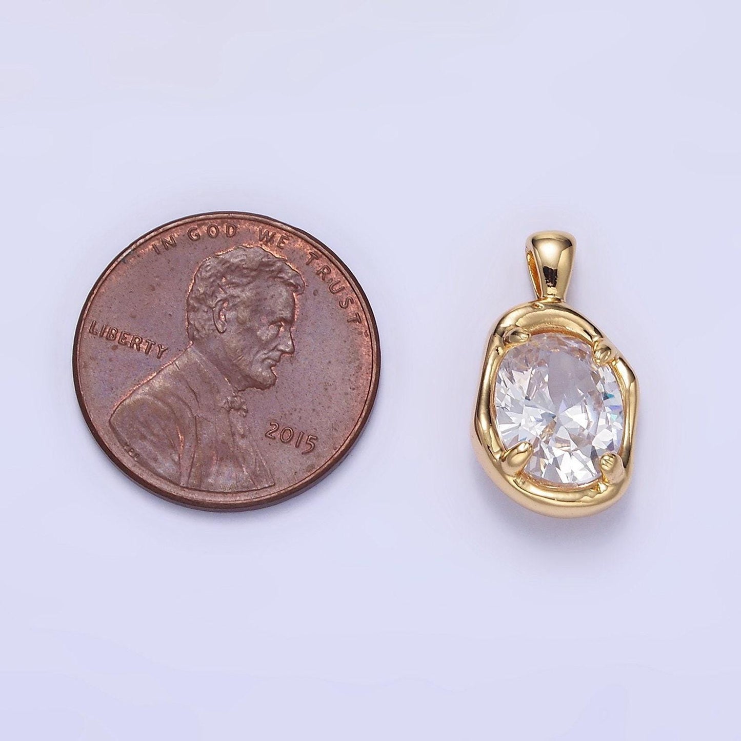14k gold filled clear cz oval abstract pendant geometric hammered molten charm | h054