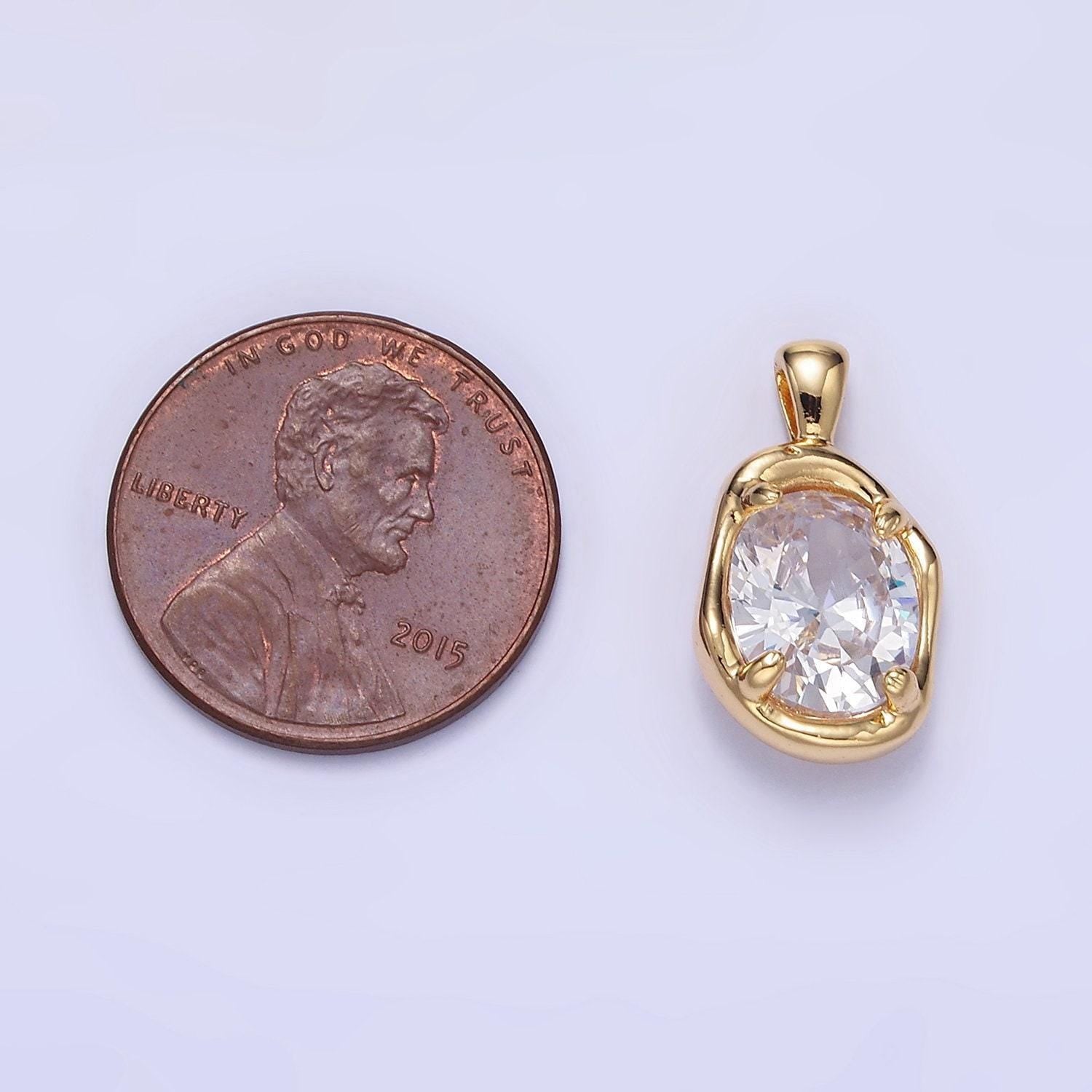14k gold filled clear cz oval abstract pendant geometric hammered molten charm | h054