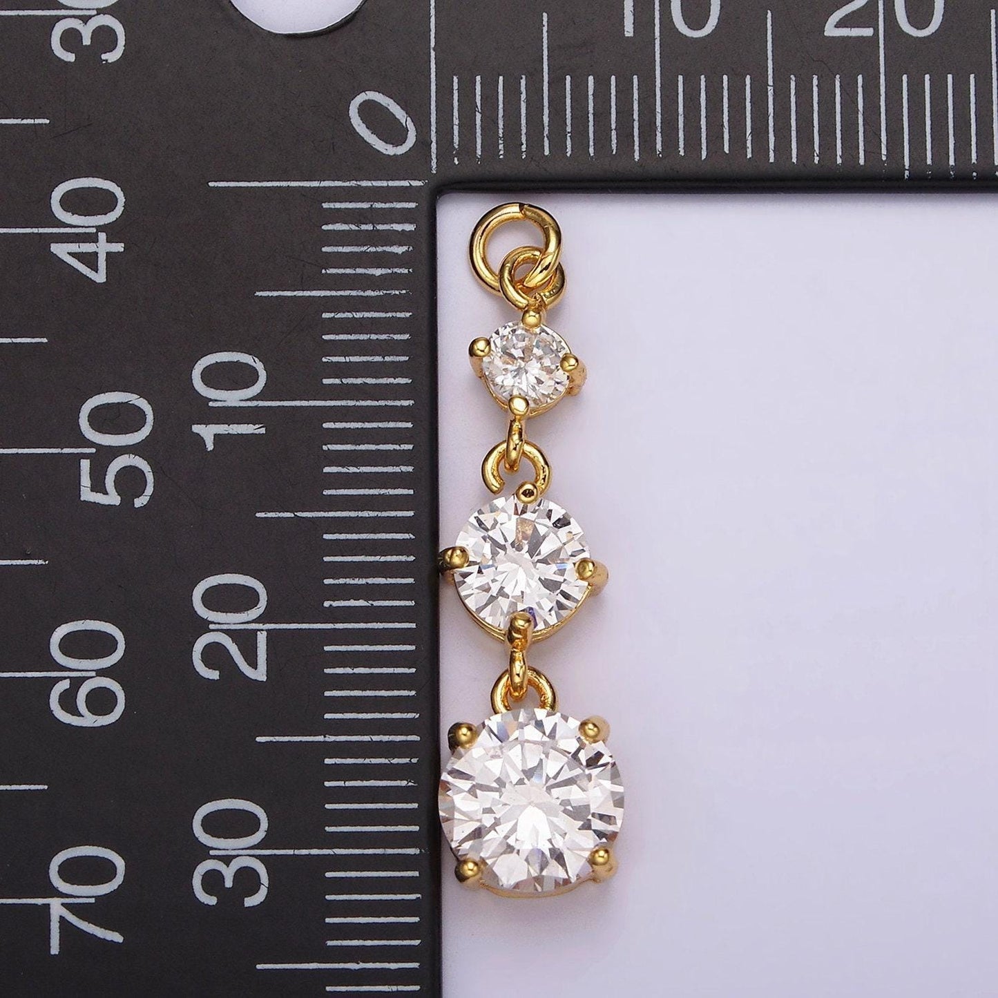 24k gold filled 32mm triple clear cz round linear charm | ac884