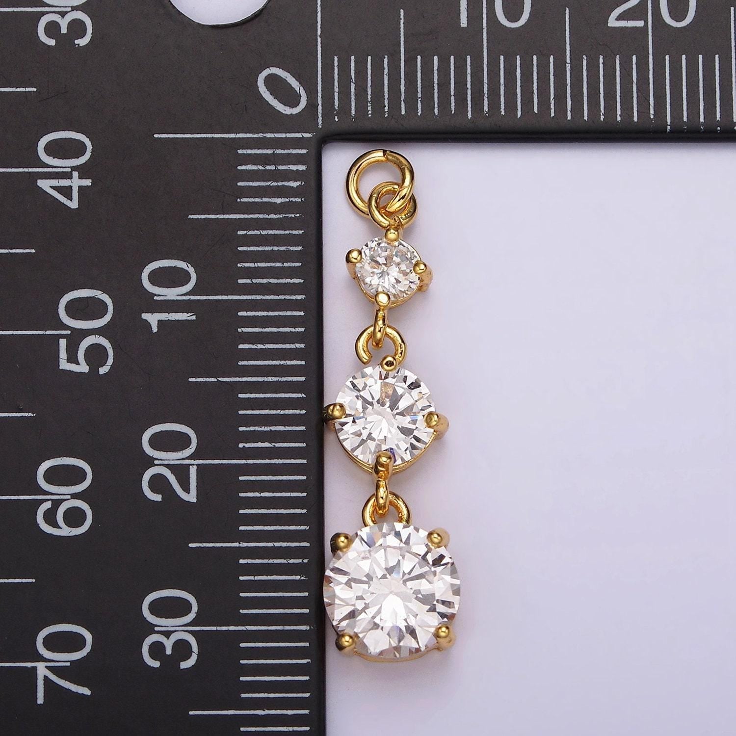 24k gold filled 32mm triple clear cz round linear charm | ac884