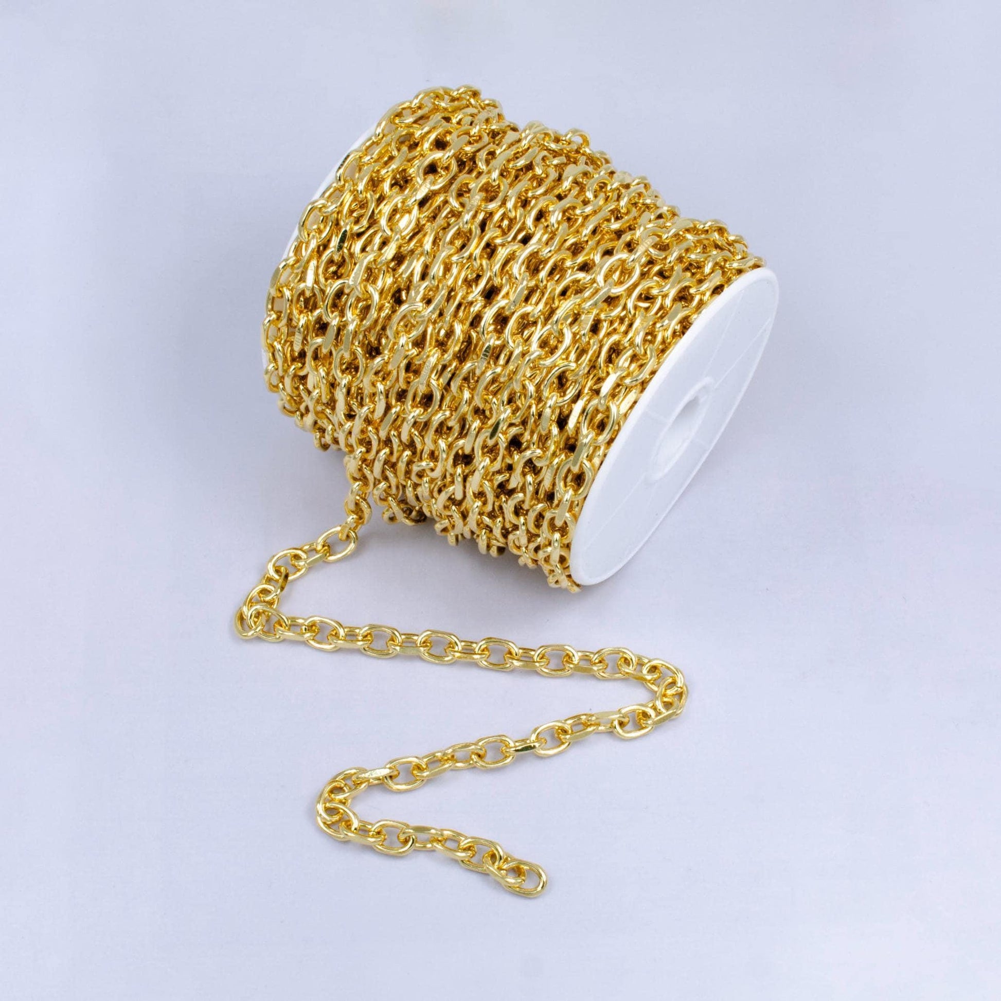 24k gold paperclip chain by yard, oval cable chain by foot,wholesale bulk roll chain for jewelry making, size 10.5mm x 7.1mm x 1.8mm