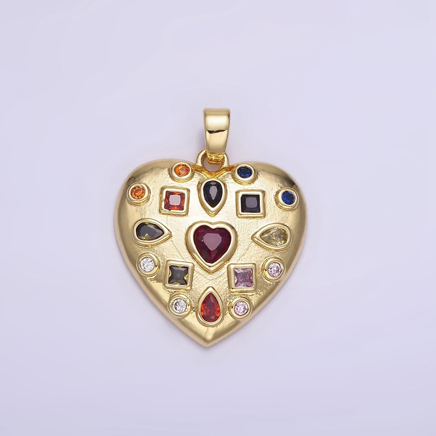 14k gold filled 25mm multicolor cz heart dome pendant | ah-145